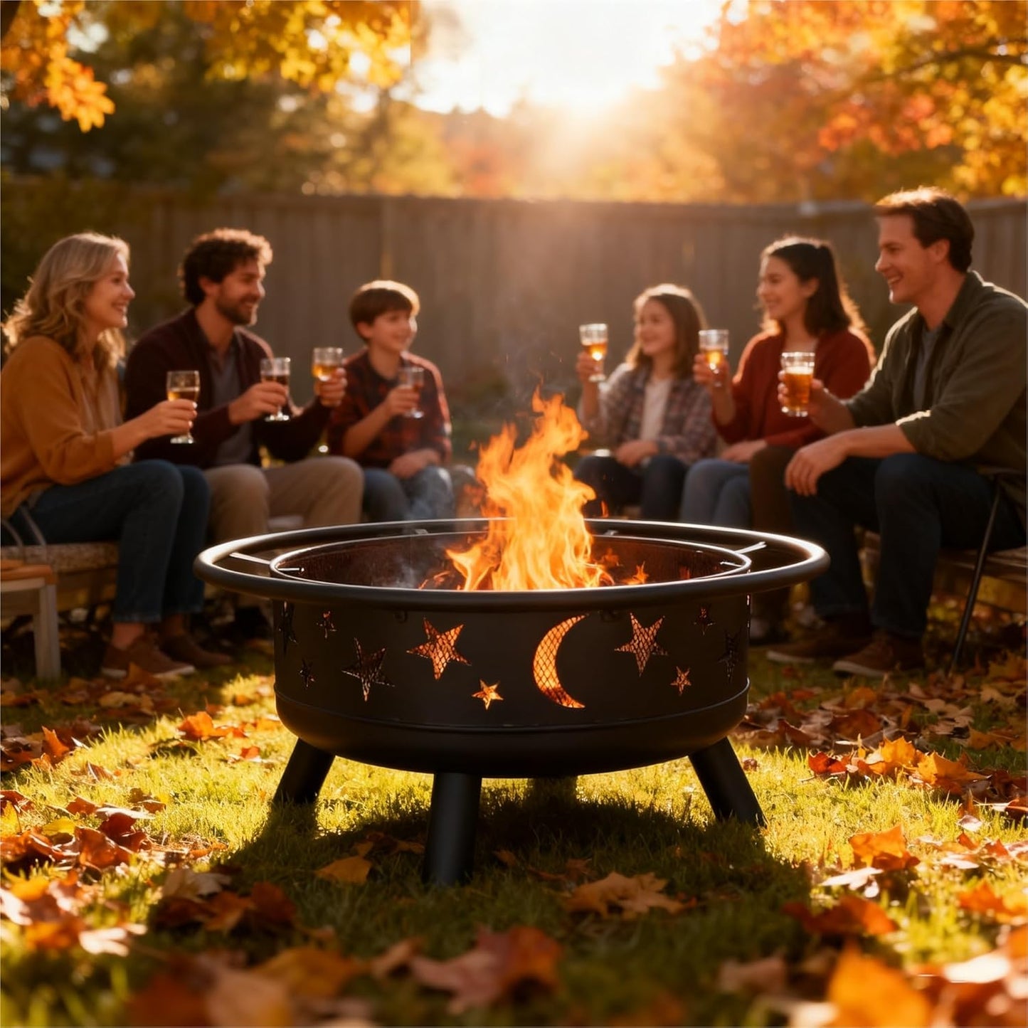 Grovelli 38" Round Wood Burning Fire Pit with Mesh Cover, Fire Poker, Star & Moon Cutouts, Metal Outdoor Firepit for Patio, Backyard, Garden, Bonfire, Camping, Christmas, Thanksgiving, Halloween