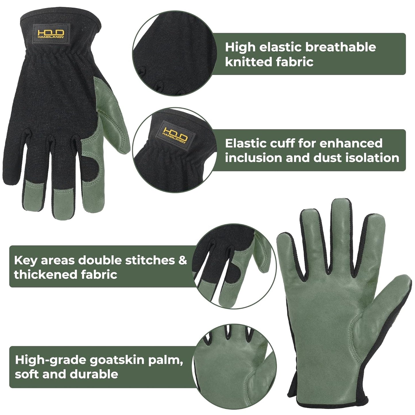 HLDD HANDLANDY Leather Gardening Gloves for Men, Utility Work Gloves for Gardening, Yardwork, Construction, Mechanics with Reinforced Palm, Green M