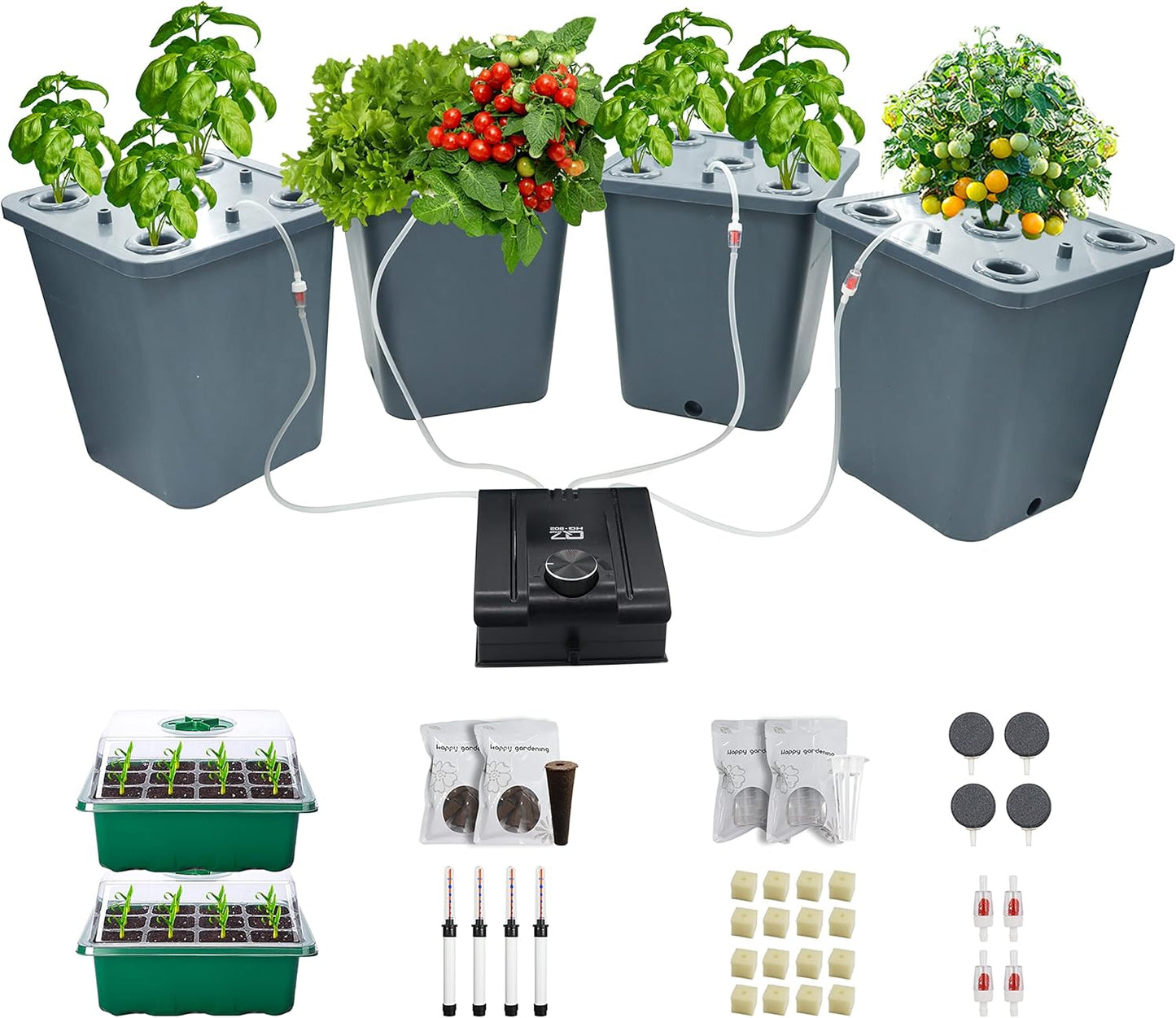 4 Hydroponic Buckets Kit for Plants, Hydroponics Growing System for Herbs/Tomato/Vegetables, DWC System with Air Pump & Germination Tray (Complete Indoor Hydroponic Gardening Supplies)