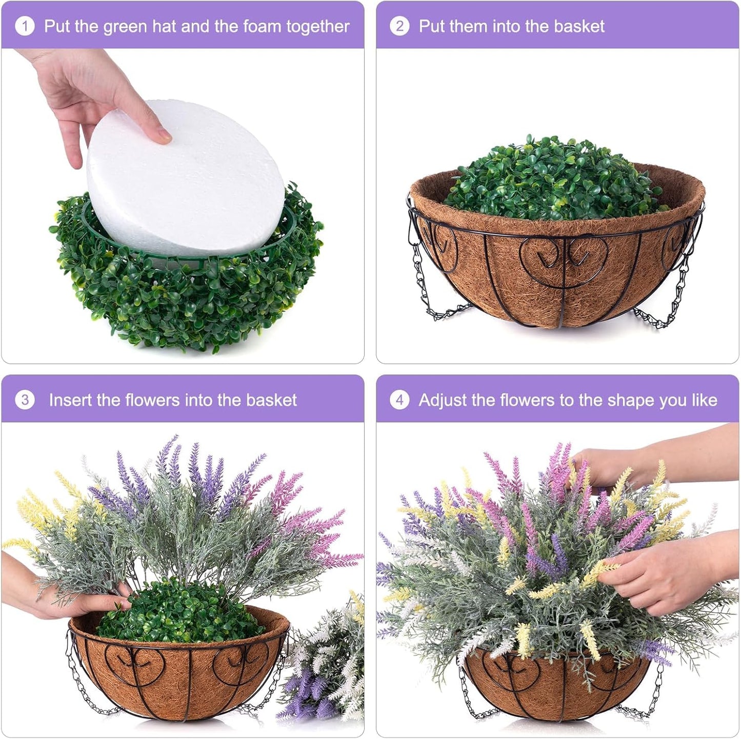 Artificial Fake Fall Hanging Flowers Plants Basket for Outdoor Outside Summer Decor, Faux Mixed Colorful Lavender in Coconut Lining Planter Look Real UV Resistant for Home Patio Porch Balcony Yard