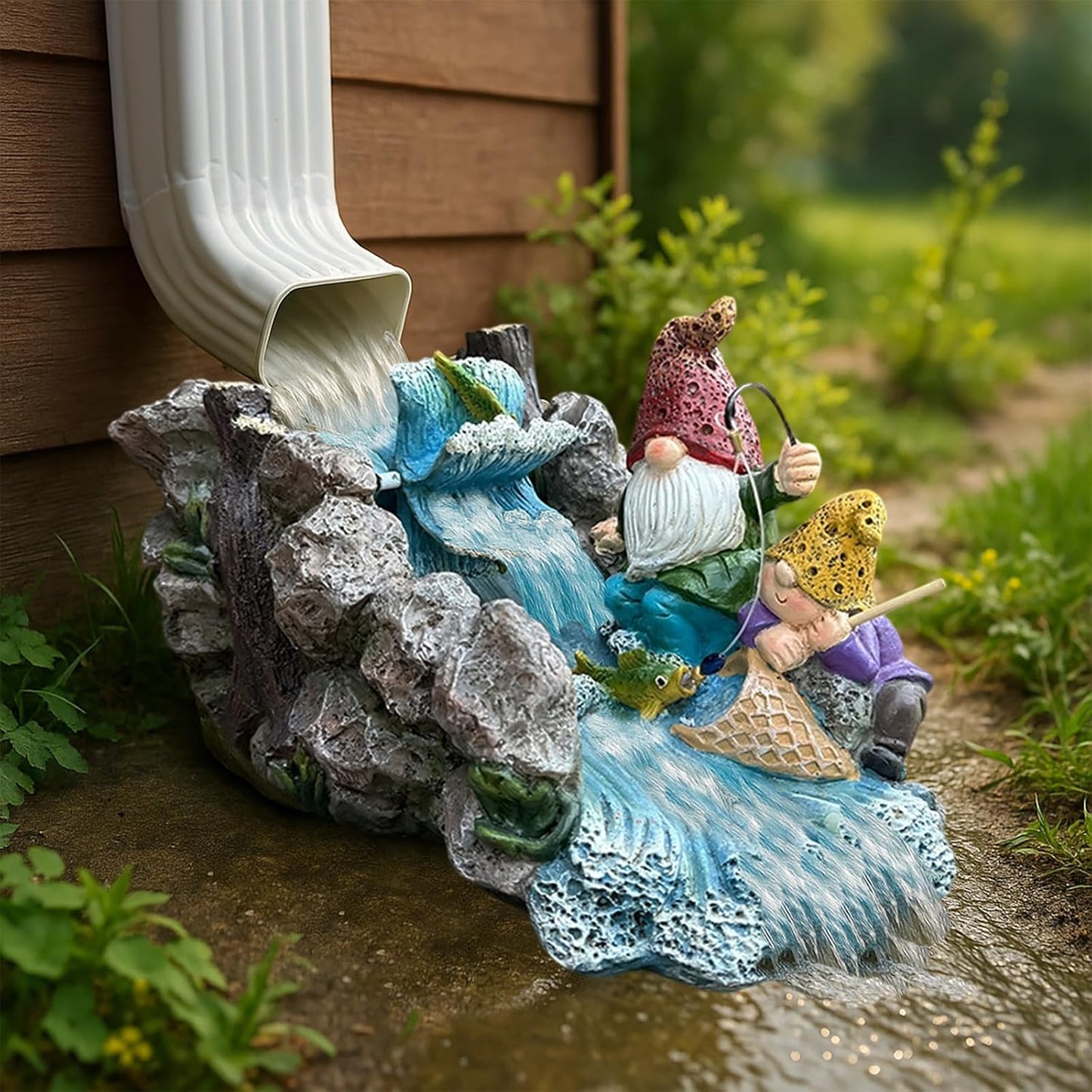 Gollum Splash Block – Decorative Resin Downspout Diverter & Water Feature, 11.4” x 6.3” x 6.9”, Durable Rainwater Drainage Statue for Garden, Patio, Yard, Pond or Aquarium, Outdoor Dwarf Gutter Décor