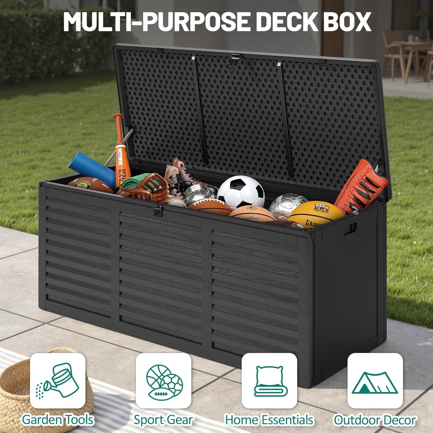 130 Gallon Deck Box Outdoor Waterproof Storage Box Lockable Resin Outdoor Storage Box for Garden Tools Patio Cushions UV-Resistant & Easy Assembled (Black)