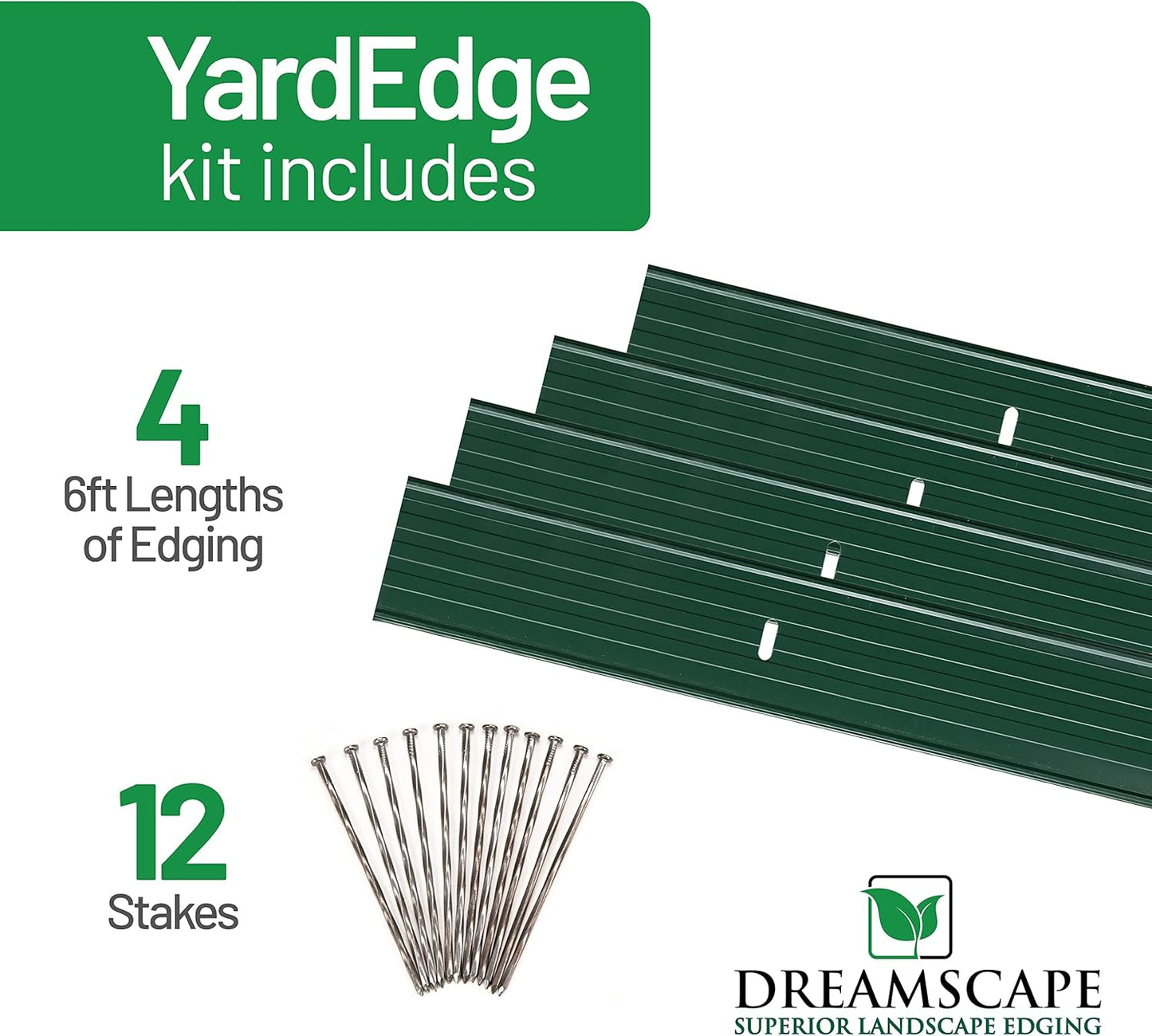 Dreamscape YardEdge Aluminum Landscape Edging - 4 Strips, 6ft Each (24ft Total), Green Duraflex Paint - Professional Quality Landscaping Border, Metal Divider for Lawn, Garden, Flowerbed