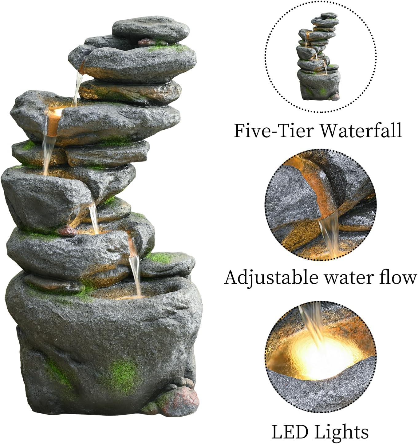 38" Outdoor Garden Water Fountain with Lights 5 Tiers Cascading Large Waterfall Floor Standing Fountain for Patio, Backyard, Deck, Porch and Home Art Decor