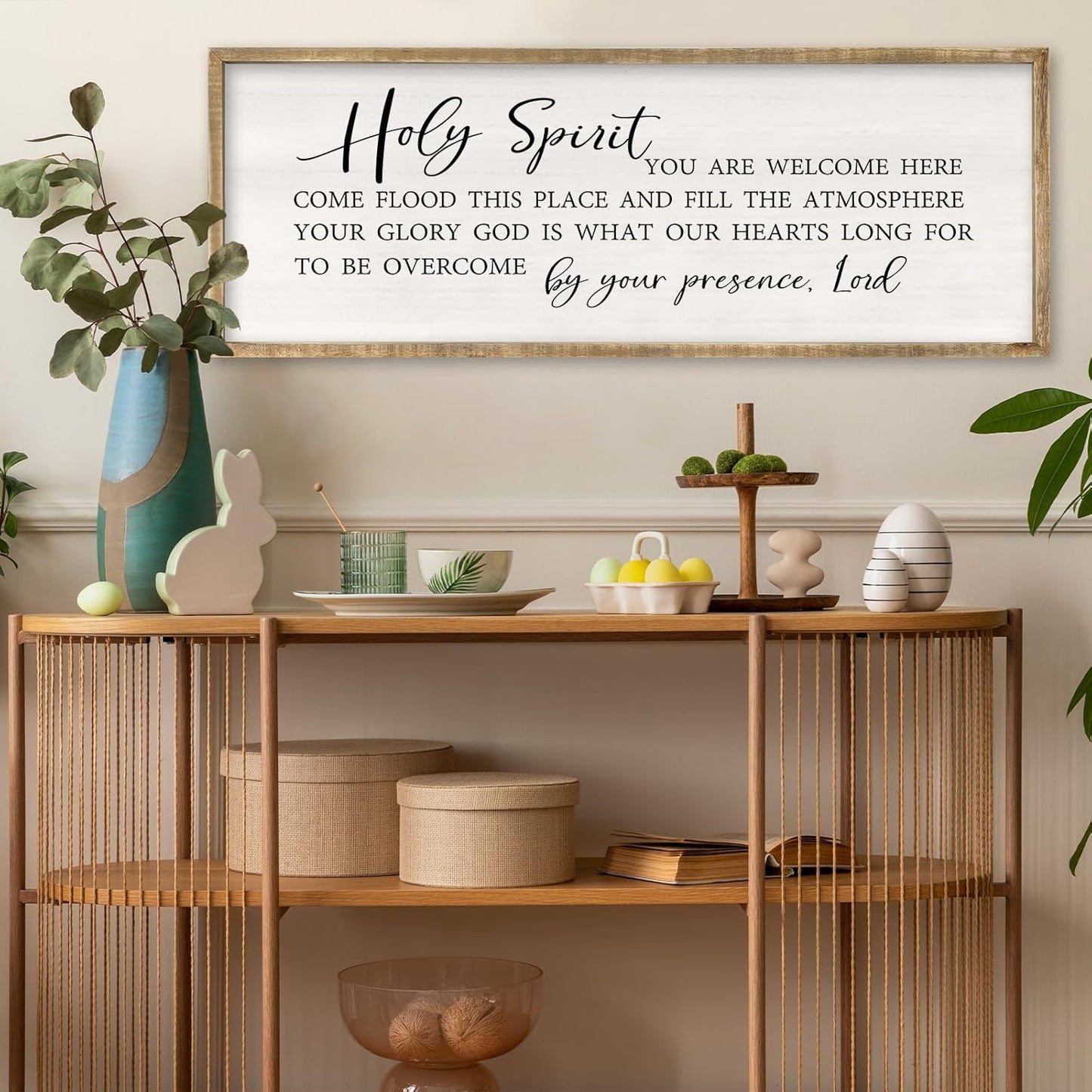 RLWangChao Christian Inspirational Wall Decor Holy Spirit You are Welcome Here Sign 32×12 Inch Bible Verse Plaque Religious Scripture Quote for Living Room Large Wood Framed Wall Hanging (Wood)