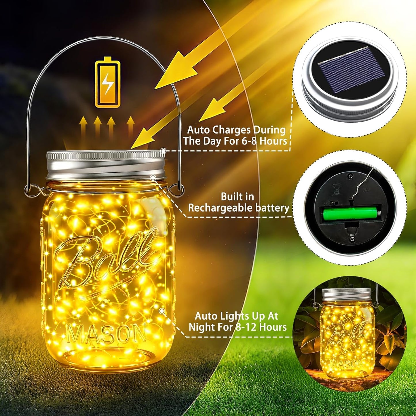 ZNYCYE Mason Jar Solar Lights for Outside, 12 Pack 30 LED Fairy Firefly Lights Mason Jar Solar Lids Outdoor Waterproof String Lights with Hangers(NO JARS) for Patio Garden Yard Lawn Decor - Warm White