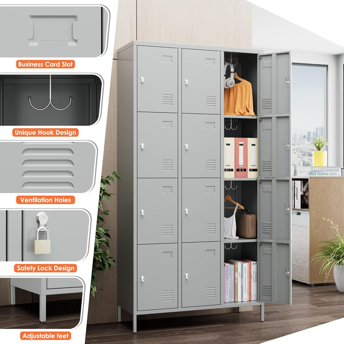 12 Doors Metal Storage Locker, 72" H Employees Lockers Storage Cabinet with 12 Hooks for Home, Office, Gym, School, Assembly Required, Light Gray