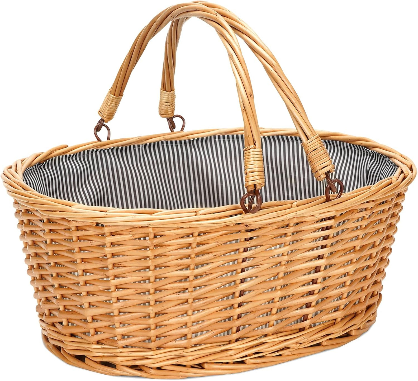 Wicker Picnic Basket with Double Folding Handles, Natural Large Willow Hamper Empty Basket Cheap Easter Eggs Candy Storage Wine Basket for Toy, Flower, Wedding（Grey 16inch）