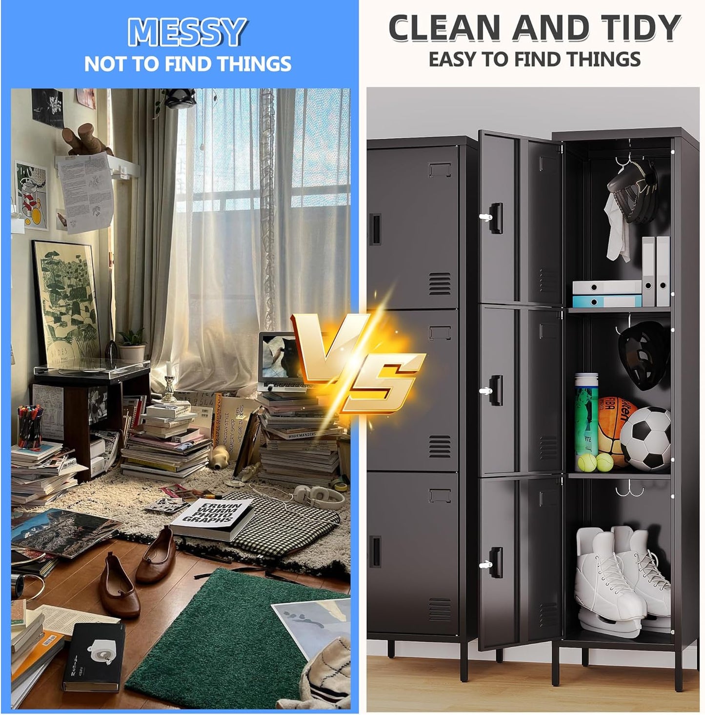 METAN Metal Storage Employees Lockers with 3 Lockable Doors and Hooks,66''H*16''W*16''D Locking Storage Cabinets for Small Spaces,Home,School,Gym,Assembly Required,Black