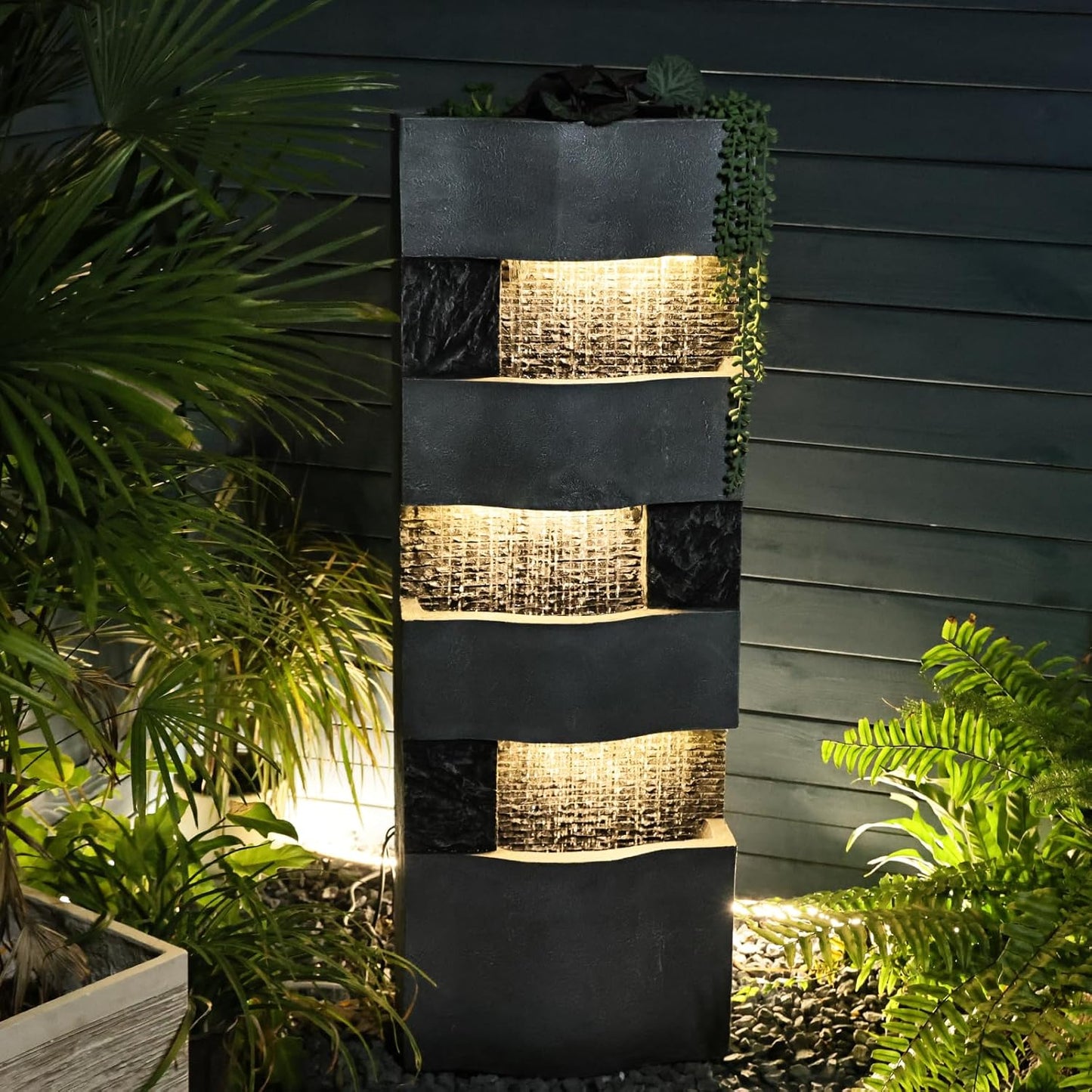 40.5''H Garden Water Fountain Outdoor,4 Tiered Floor Standing Waterfall Outdoor Fountains with LED Lights for Garden, Patio, Backyard, Deck, Porch and Home Art Decor