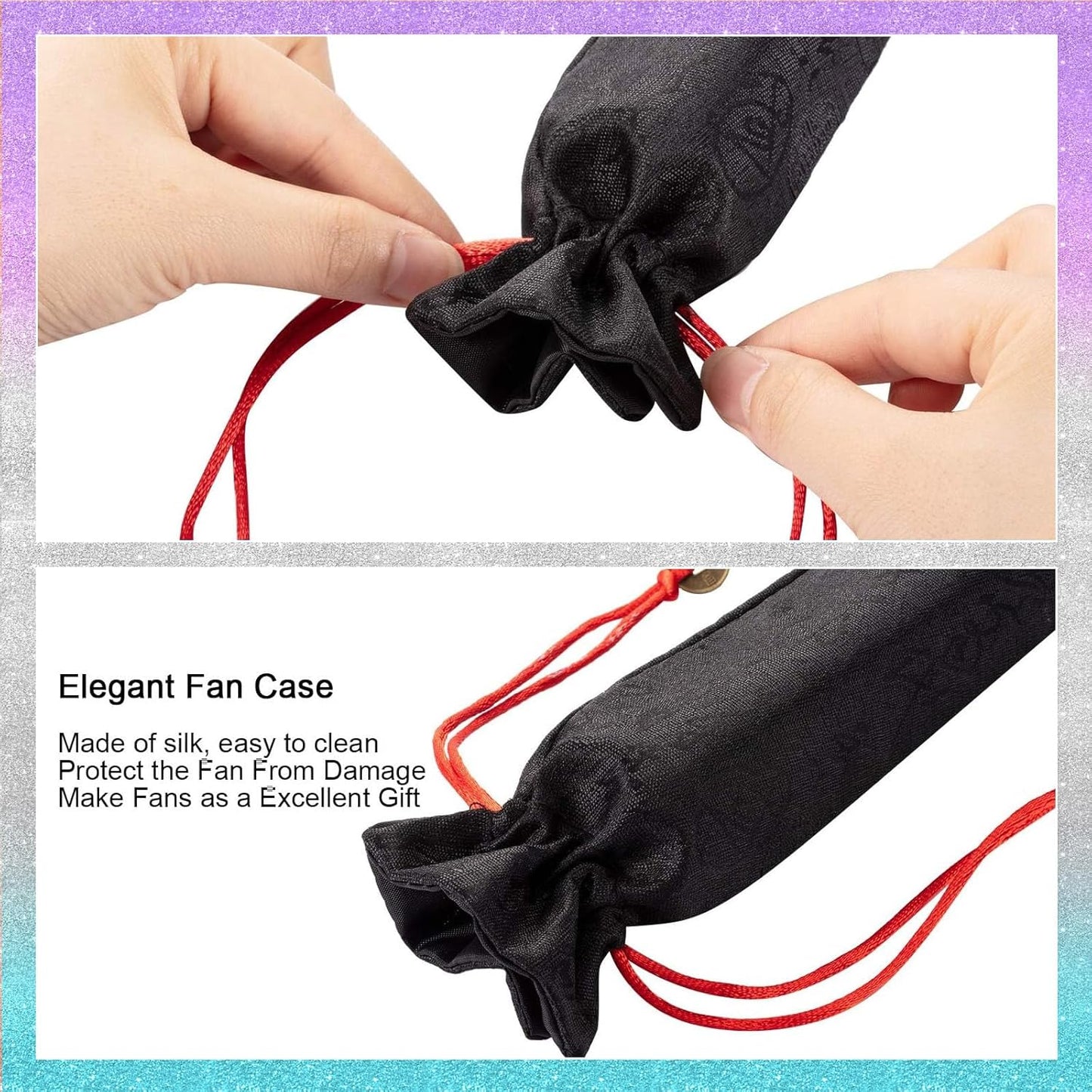 Maitys 2 Packs Large Clap Fans for Line Dancing Large Chinese Folding Hand Fans for Men and Women, Festival, Tai Ji, Kungfu, Martial Art, Gifts (Glitter Sliver and Purple)