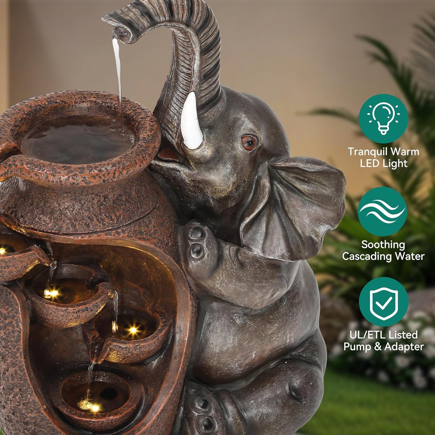 Elephant Outdoor Water Fountain with LED Lights and Pump, 18.9" Tall Resin Garden Waterfall Feature for Patio, Porch, Yard