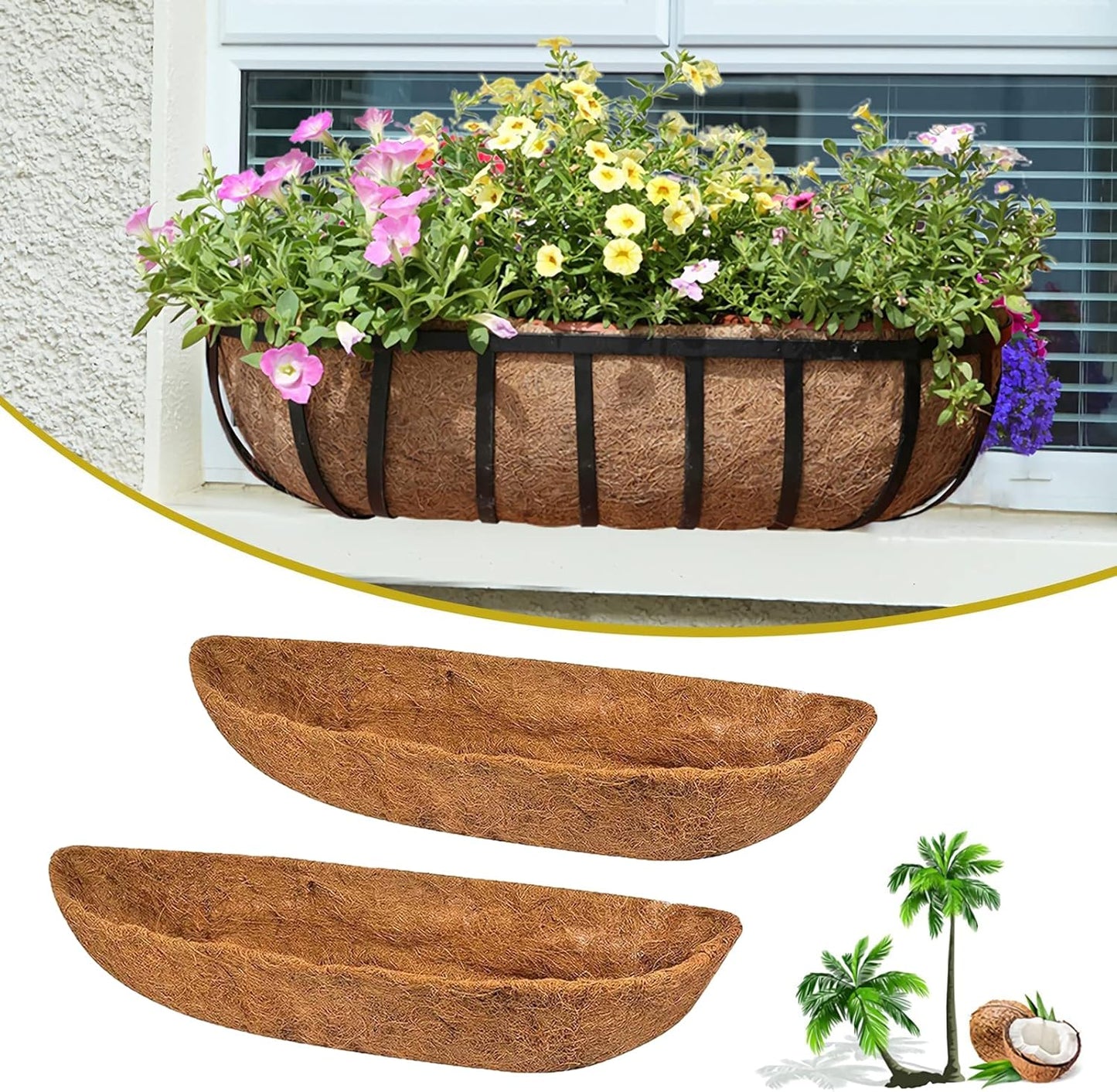 2-Pack Coconut Liners for Planters 30 inch, Half-Moon Shape Window Box Liners Coconut Planter Liners Replacement, Trough Coco Liners for Planters Flower Baskets