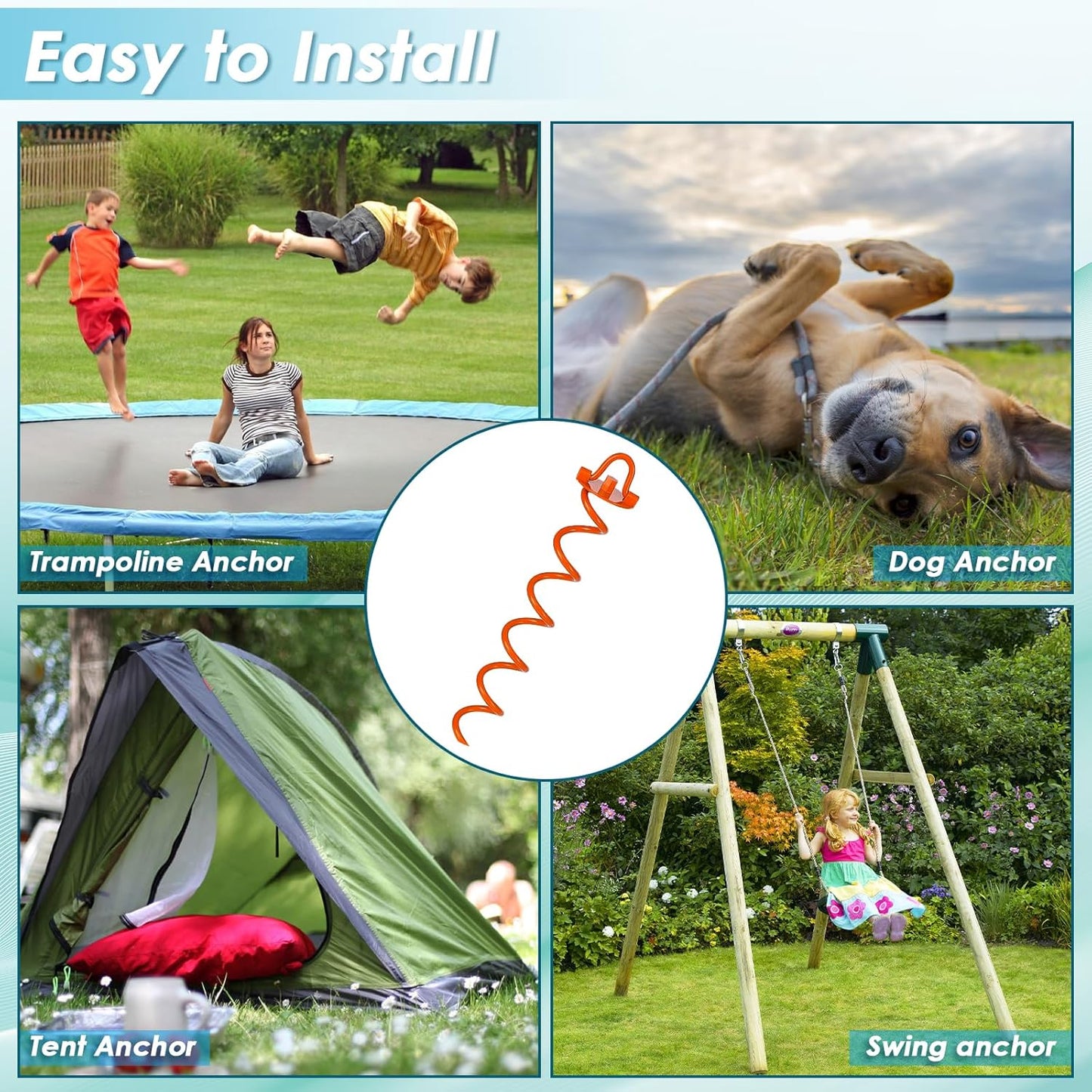 FEED GARDEN 16 Inch Spiral Ground Anchors Heavy Duty Screw in Spiral Stakes, 4 Pack Folding Ring Ground Stakes for Securing Dogs,Tents, Trampolines, Canopies, Swing Sets, Orange