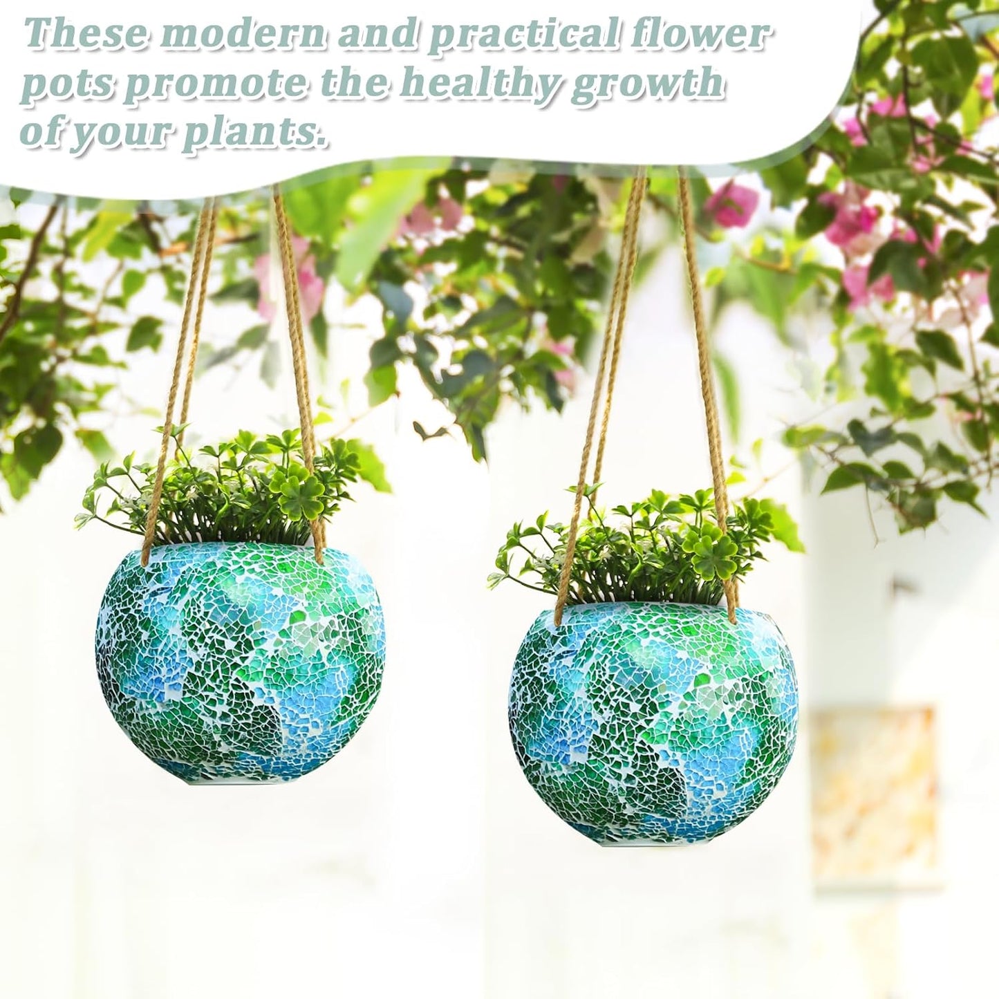 Hanging Planter Mosaic Garden Pot Small Flower Pot for Indoor Plant Disco Ball Hanging Planter with Drainage Green