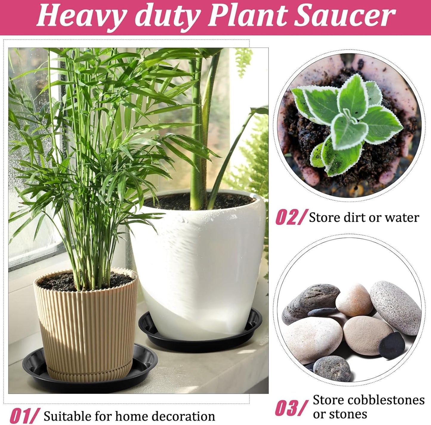 Eccliy 6 Pack Plastic Plant Saucer Heavy Duty Planter Saucers Large Plant Pot Plastic Water Trays for Indoors and Outdoors Flower Drip(14 Inch,Black)