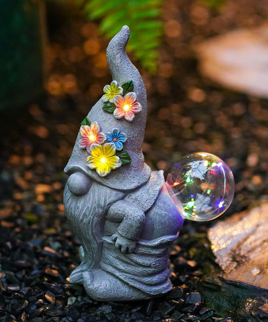 Funny Garden Gnome Statue with Lights, Outdoor Sculpture Decor for Home Yard Lawn Porch Balcony Patio,Gardening Gifts for Women Mom Grandma