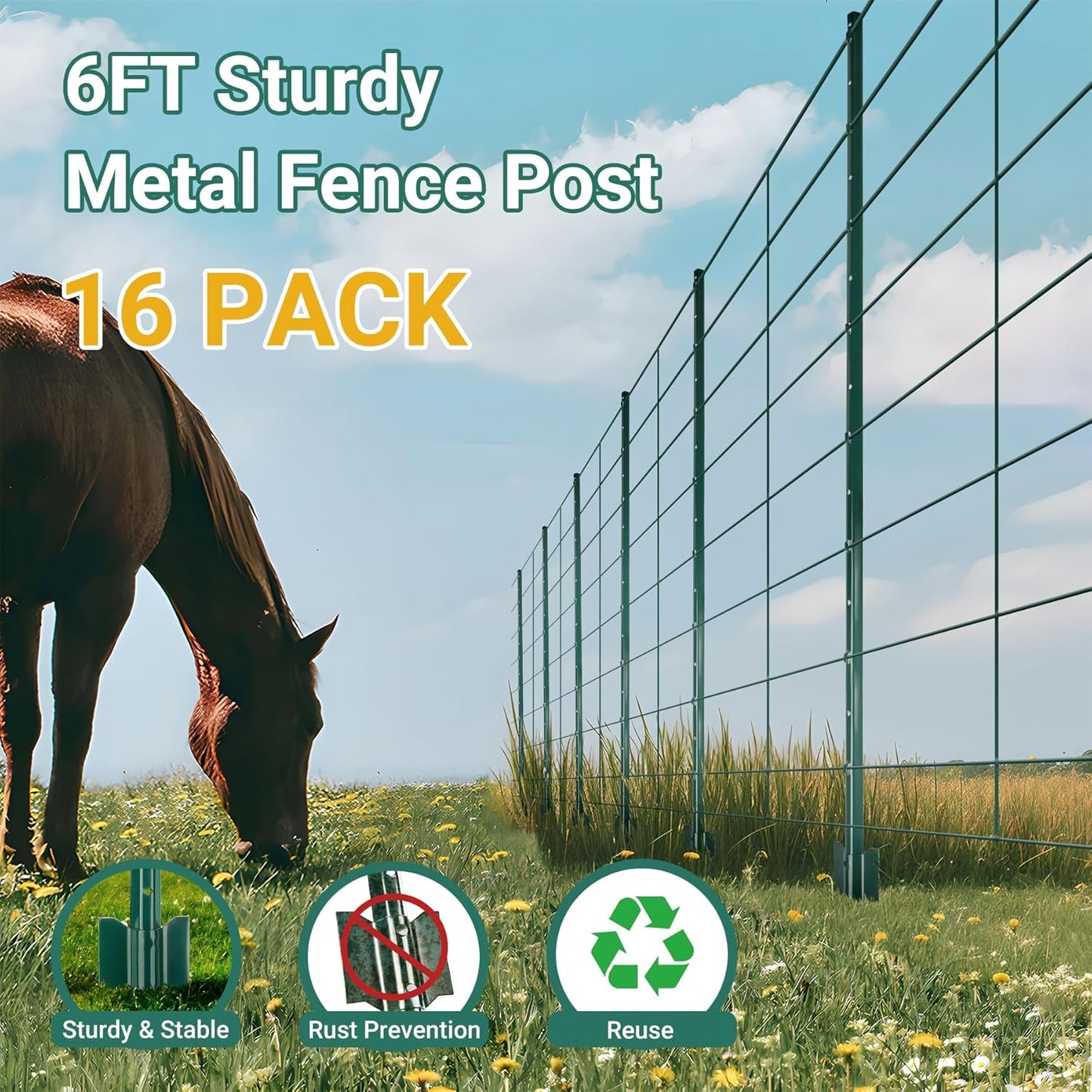 Fence Posts 6 Ft - 8 Pack, Requires Manual Assembly - Heavy Duty Metal Fence Post, No Dig U Post for Farm, Garden, Orchard and Outdoor Wire Fencing (Green)