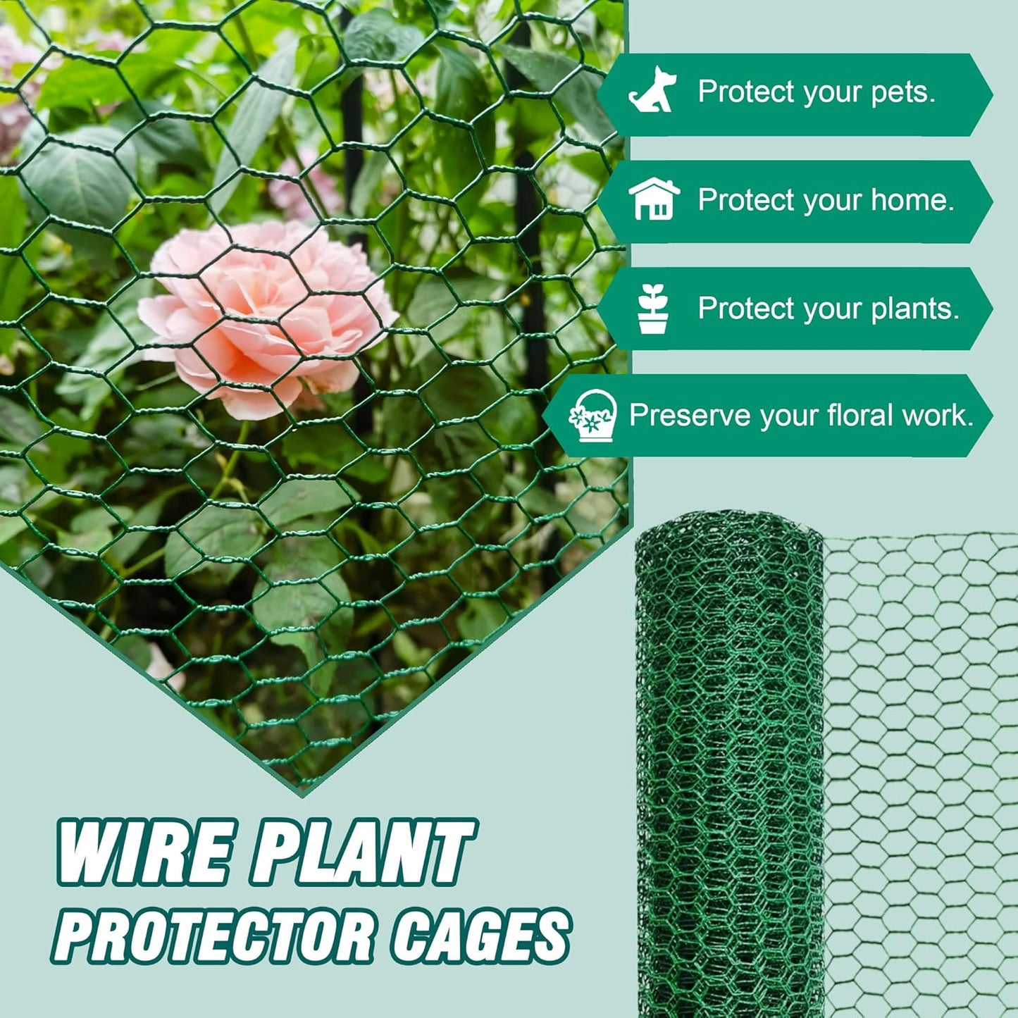 16.4Ft x16In Chicken Wire for Floral Arrangements - Free-Cut Green Metal Mesh with Hexagonal Galvanized PVC Coated Netting Guard Fence for Poultry, Garden, Plant