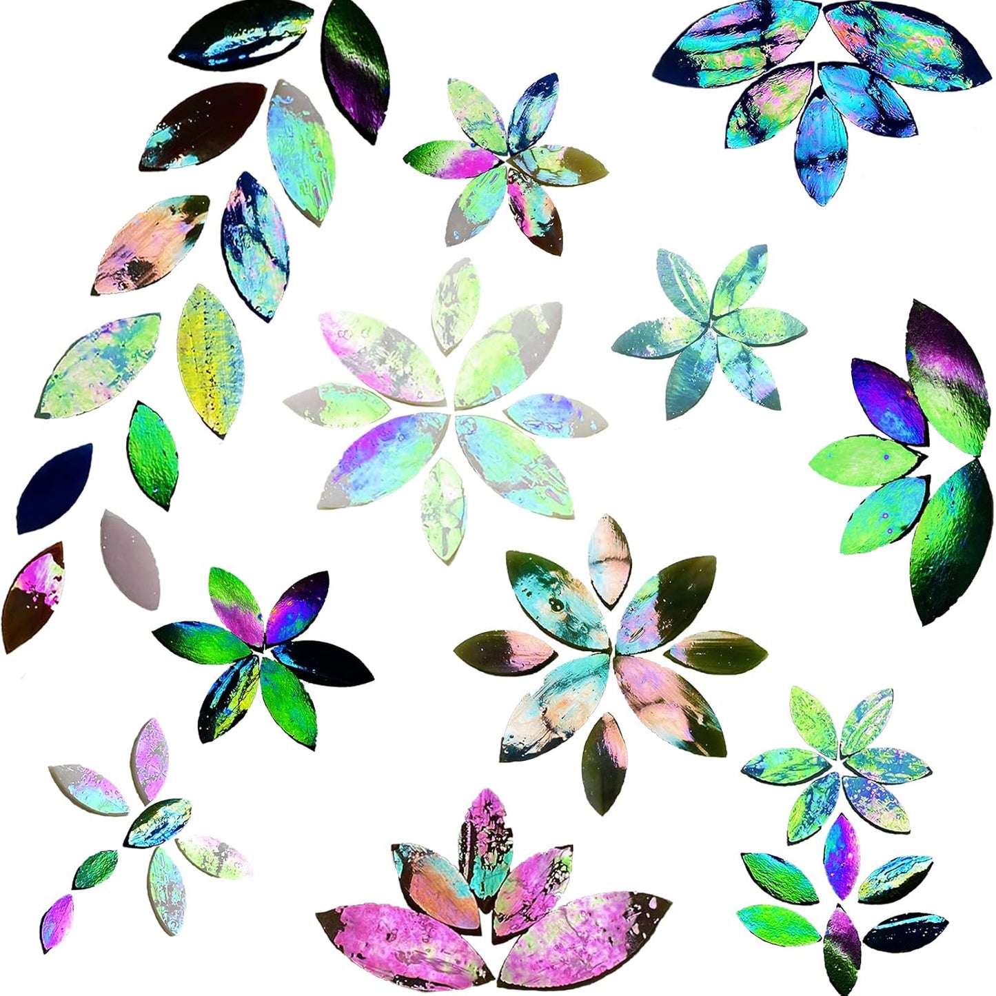 120 Pcs Iridescent Glass Petal Mosaic Tiles for Crafts, Stained Glass Supplies, Flower Leaves Mosaic Pieces Kit, Assorted Size and Rainbow Colors