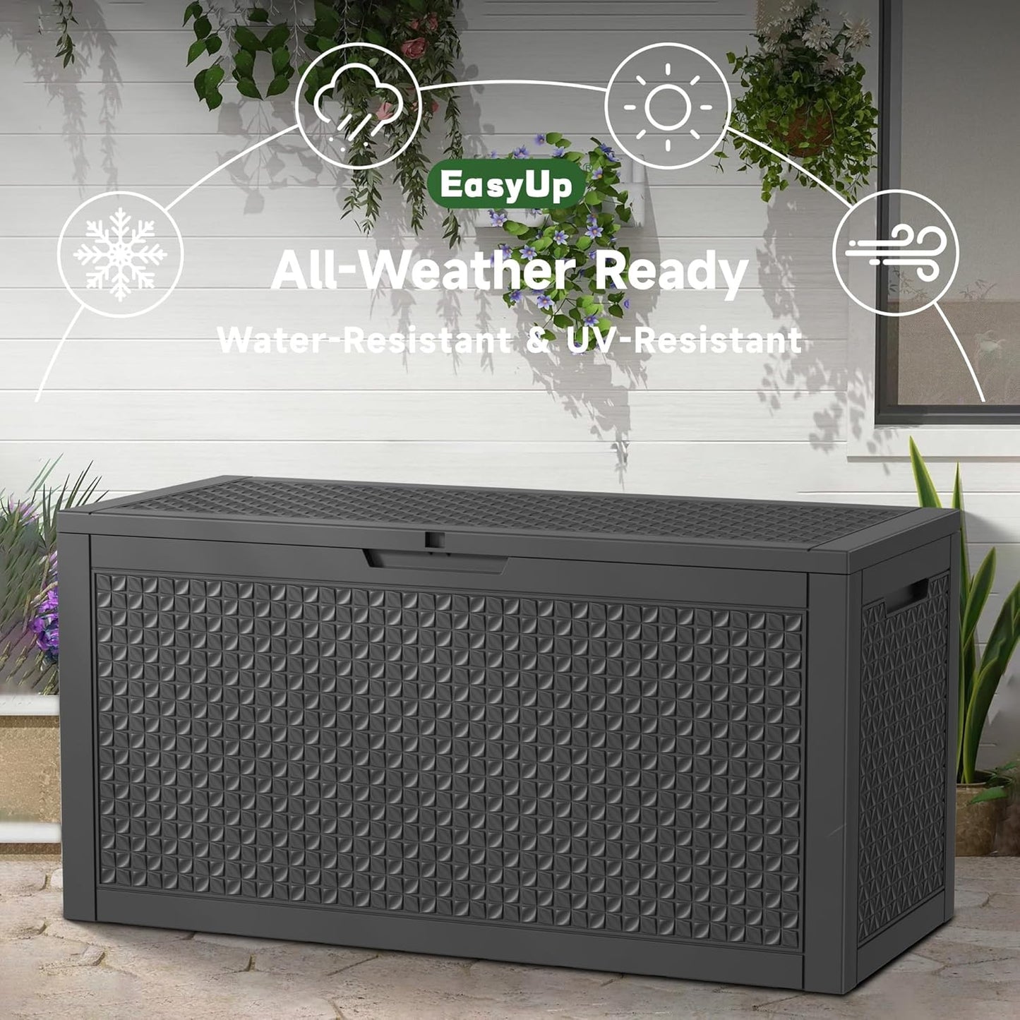 100 Gallon Outdoor Storage Box Waterproof, UV Resistant Resin Deck Box with Hydraulic Rod, Reinforced Stability for Patio, Garden, Quad Leaf Black