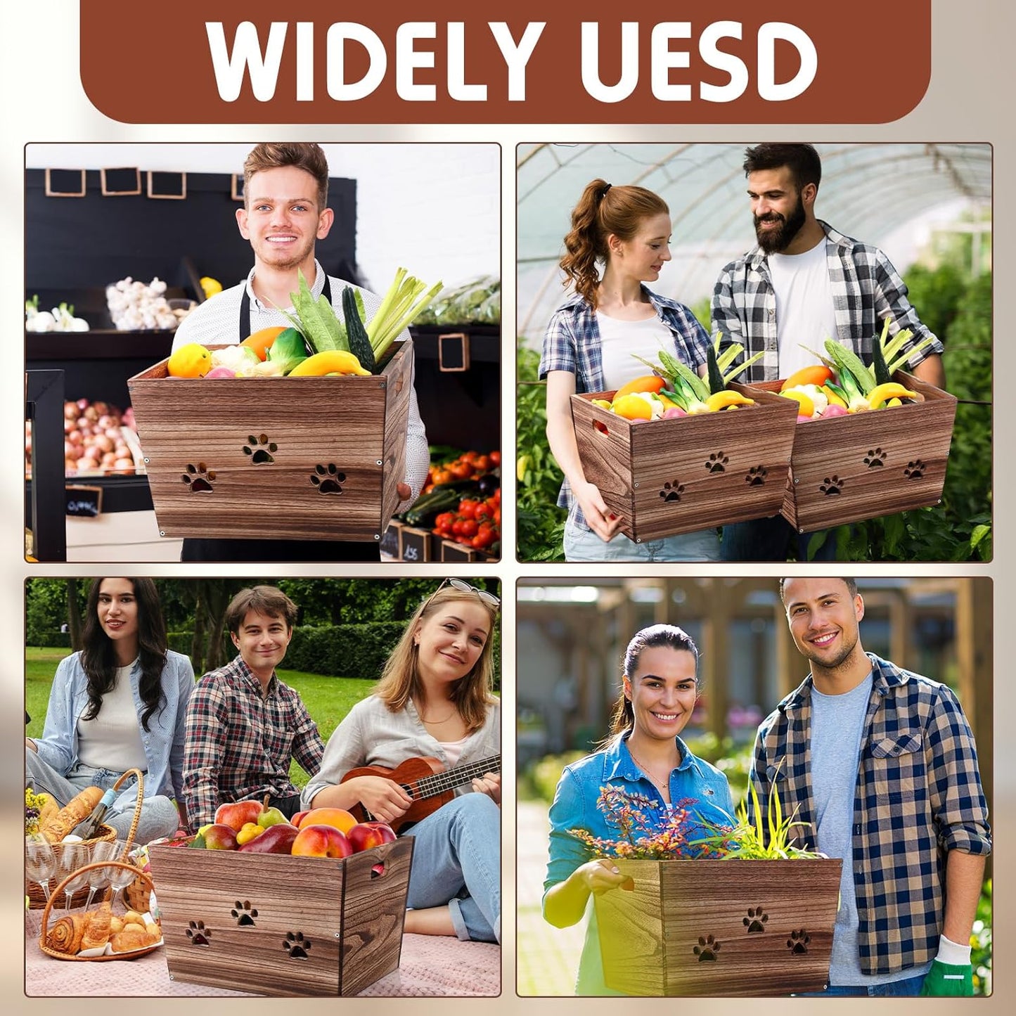 3 Pack Rustic Wooden Crates Hollow Claw Wooden Storage Boxes with Handles Dog Toy Box Large Handmade Farmhouse Decorative Wood Crate for Display