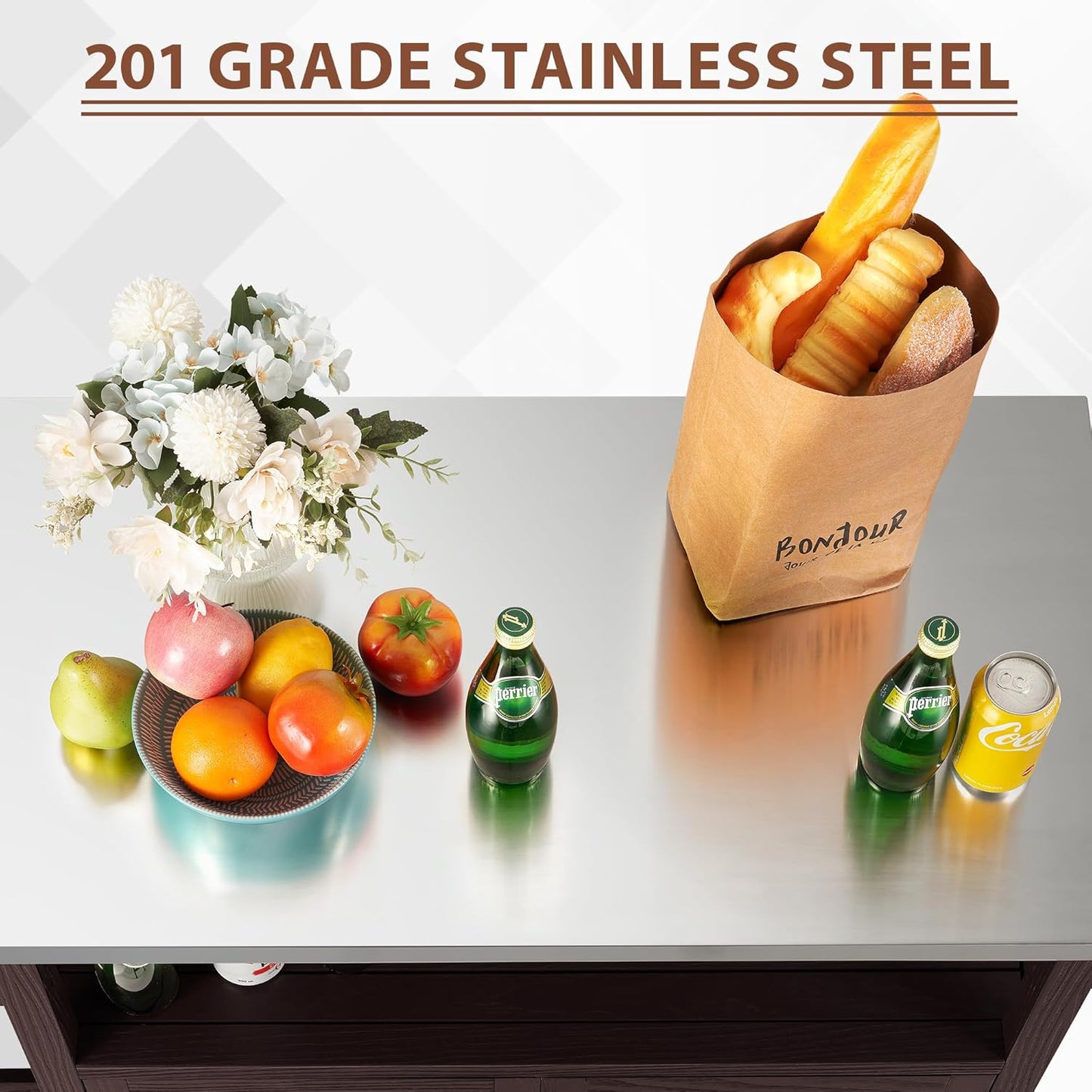 AHB Outdoor Grill Table Solid Wood Storage Cabinet, Rolling Kitchen Island, Movable Bar Cart with Stainless Steel Top for Outside Patio, Backyard, Garden (Two Doors)