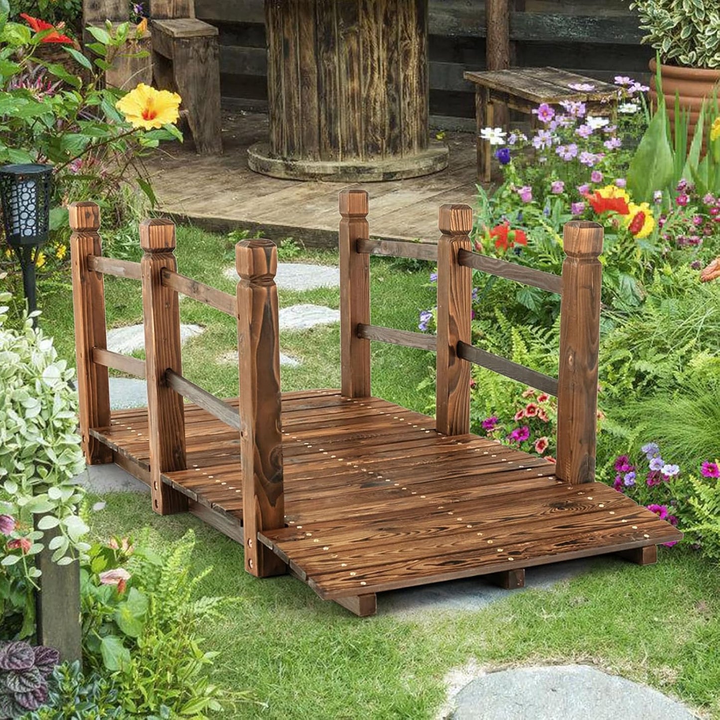Giantex 5 ft Garden Bridge - Stained Wood Arc Footbridge Walkway with Side Railings, Decorative Wooden Bridge Landscaping for Backyard Farm Garden Creek Pond Decor, Easy to Assemble (Stained Brown)