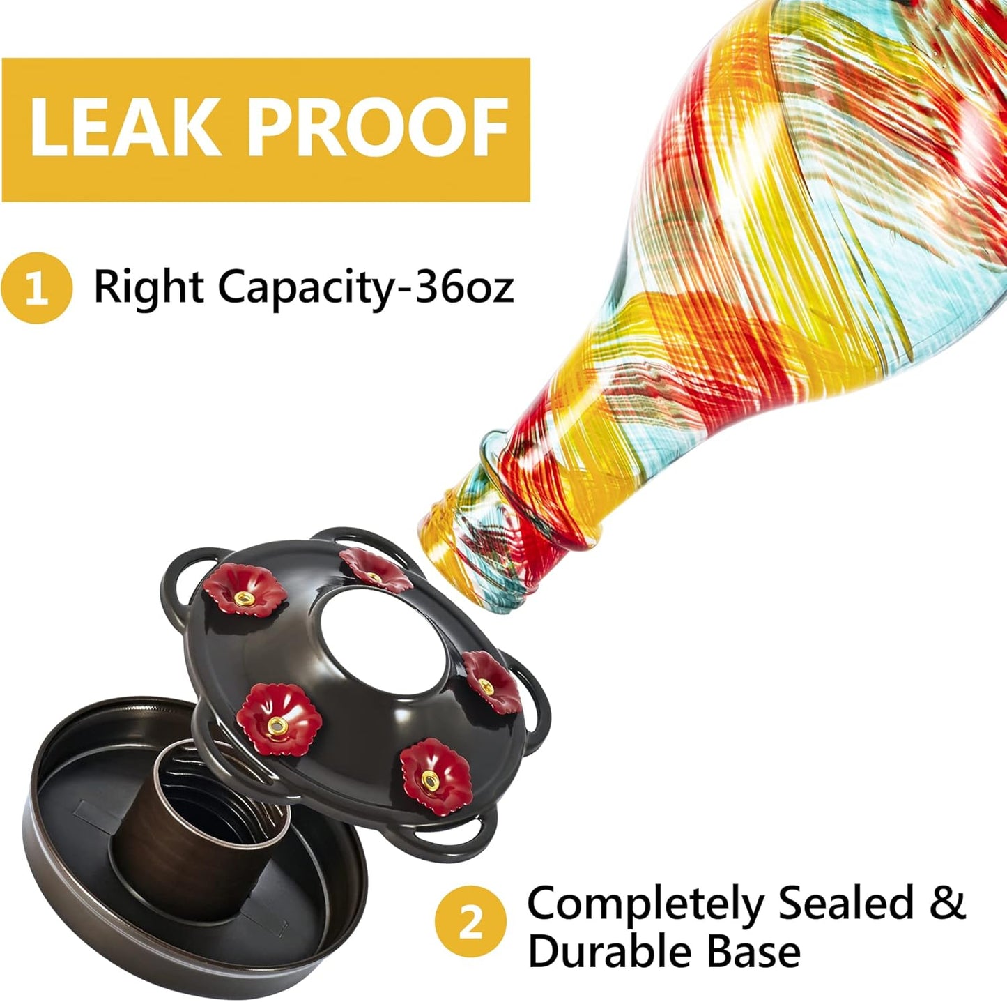 LUJII Hand Blown Glass Hummingbird Feeder for Outdoors Hanging with Ant Moat, 36 fl.oz, Leak Proof & Rustproof, Metal Base with 5 Feeding Ports & 5 Perches, Unique Garden & Backyard Decor (Ribbon)