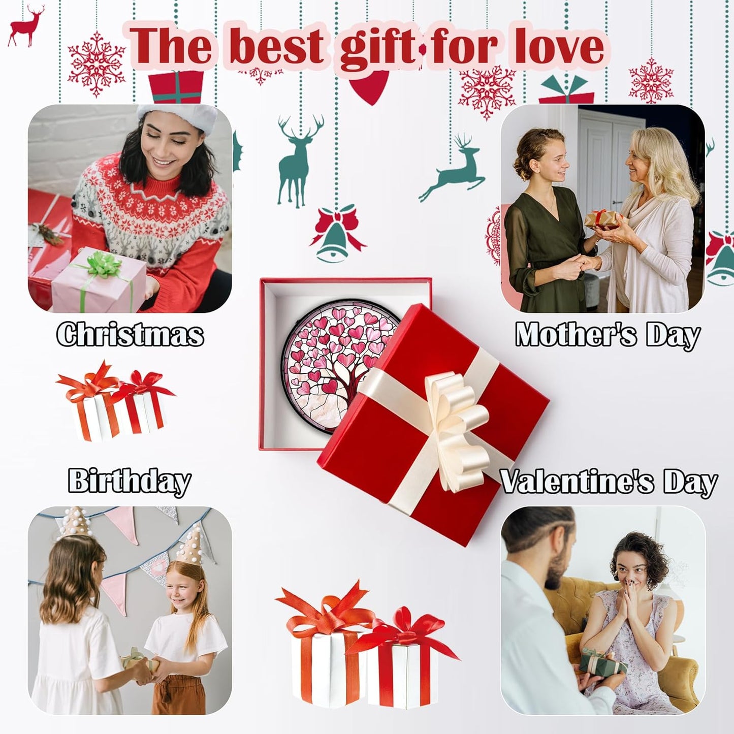 Stained Glass Window Hanging, Valentine's Day Gifts Pink Love Heart Tree Suncatcher Hangings Beige Sun Catchers Decor for Birthday for Women, Men, Wife, Aunt, Mom14.9 in