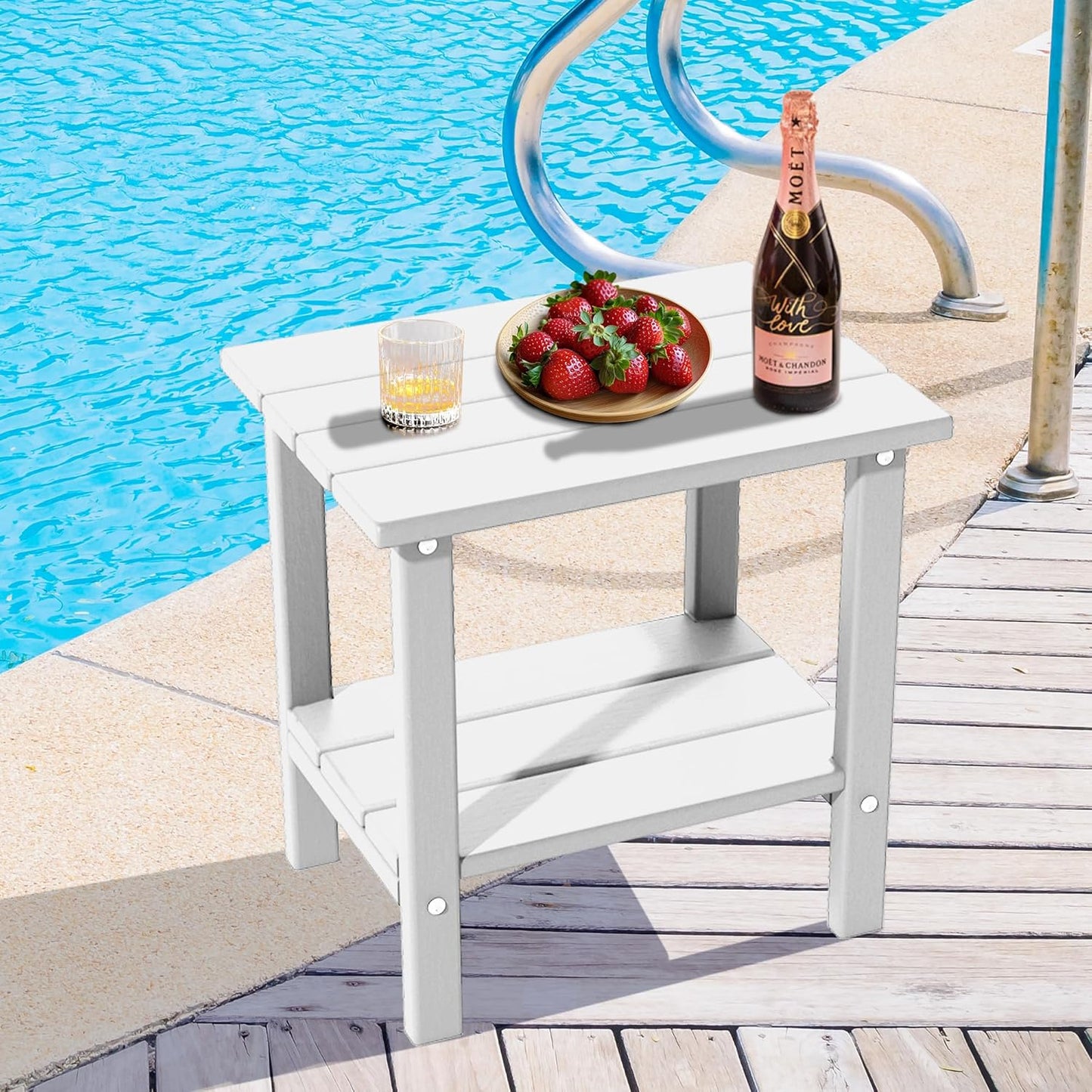 Outdoor Side Table, Weather Resistant HDPE Outdoor Table, 2-Tier Small Patio Tables for Outside or Indoor (White)