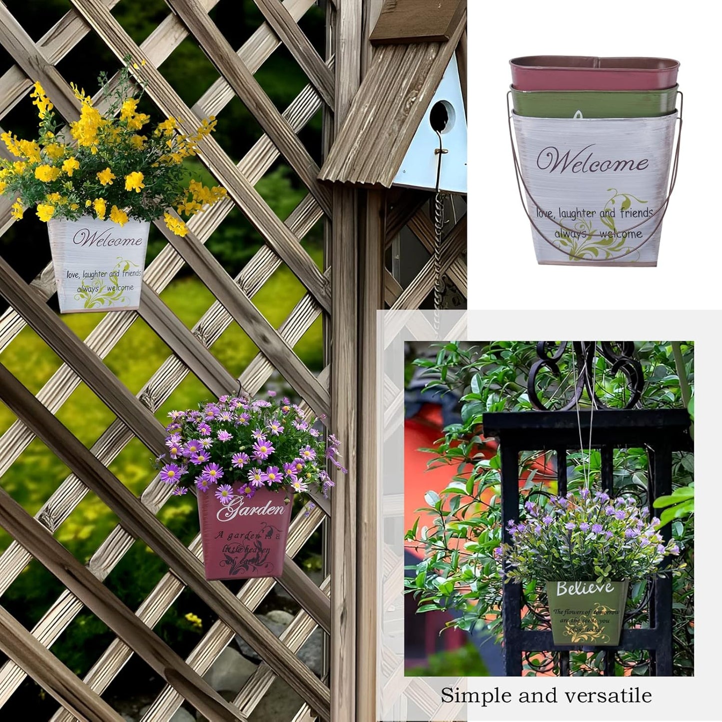 GDYOOSHOW 3Pcs 7.4" Tall Galvanized Metal Hanging Planter Rustic Wall Flower Bucket Echelon Wall Pot for Garden Balcony Indoor or Outdoor