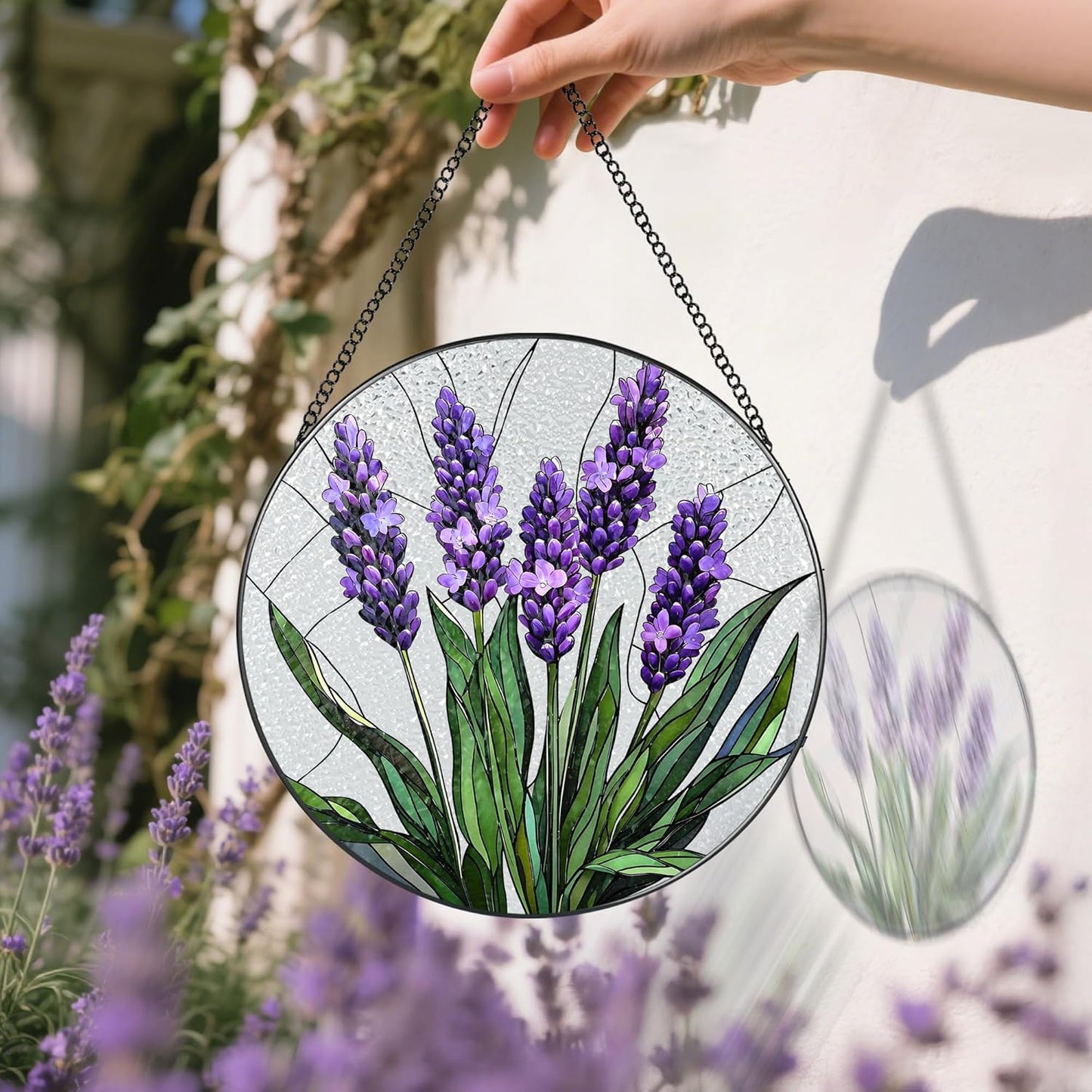 Stained Glass Window Hanging, 8 Inch Lavender Stained Glass Suncatcher, Flower Sun Catcher, Window Hanging Decor, Flower Lovers Gift for Her, Housewarming Gift, Gifts for Lover, Bestie and Couple