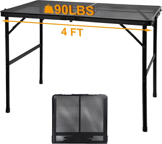 Camping Table with Mesh Desktop, Lightweight & Portable Folding Grill Table, Height Adjustable Metal Outdoor Table for Camp, Cooking, BBQ, RV, Picnic-4 FT Black
