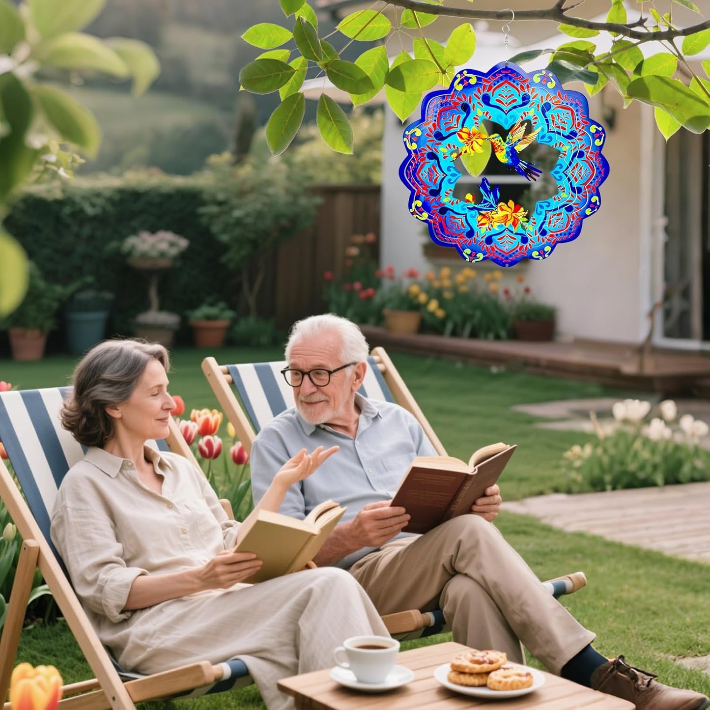 Wind Spinners 12 inch 3D Stainless Steel Laser Cut Metal Art Geometric Pattern Wind Sculpture Hanging for Garden Decorations Gifts Indoor Outdoor Blue