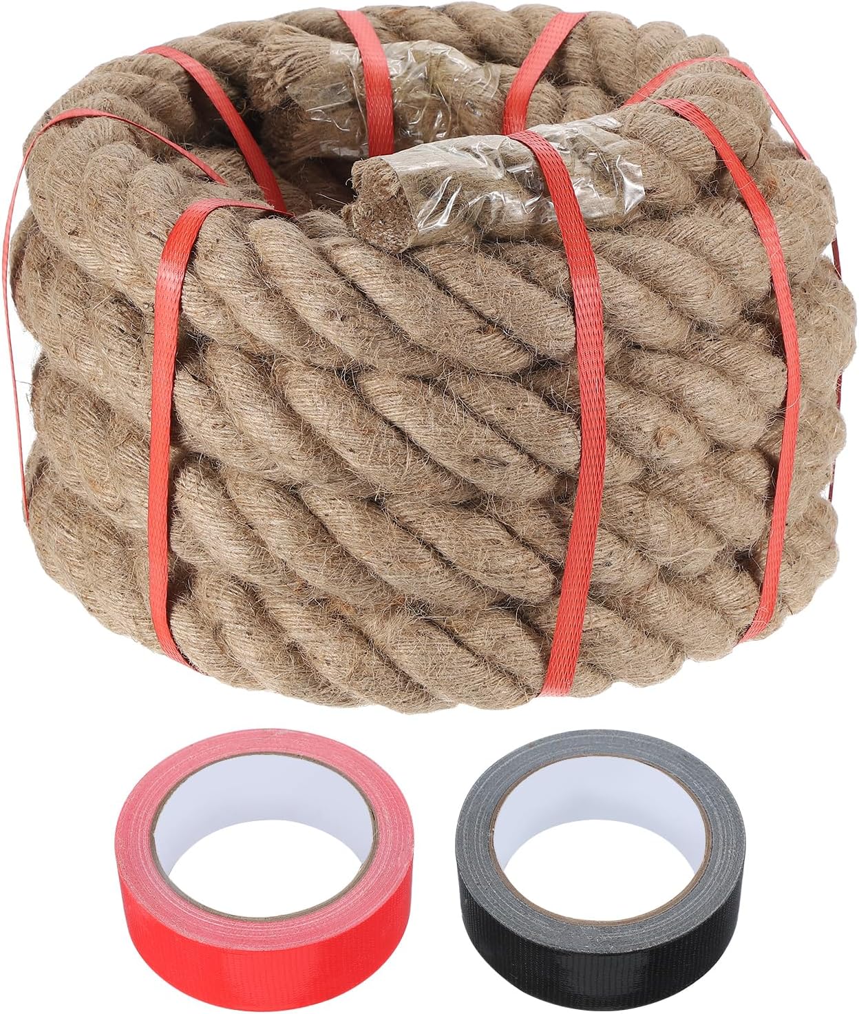 MECCANIXITY Jute Rope 2 Inch x 20ft, Thick Twine Rope Ropes Braided Jute Twine Natural Brown Burlap Cord String Heavy Twisted with Tapes for Decorative Crafts Railing Swing Tug of War