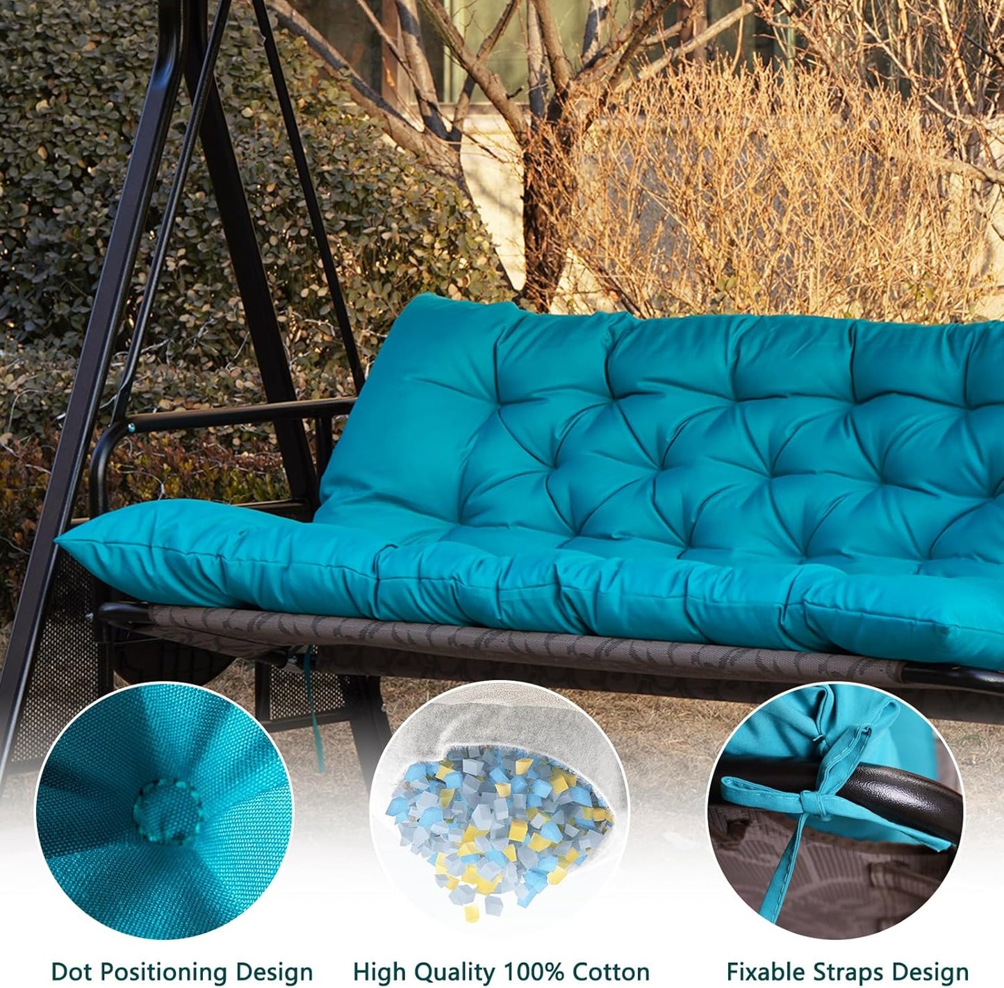 Outdoor Swing Cushions,Waterproof Swing Cushions 3 Seater Replacement with Backrest,Outdoor Thickened Bench Cushion with Ties for Porch,Patio,Backyard,Garden (Lake Blue 60 * 40 in)