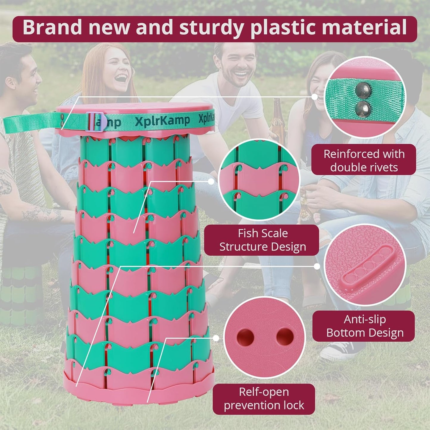 Retractable Folding Stool - Heavy Duty 400 lb Collapsible Portable Stool for Camping, Hiking, Fishing, Indoor/Outdoor with Non-Slip Base and Lightweight Design (Pink Green, 2-Pack)