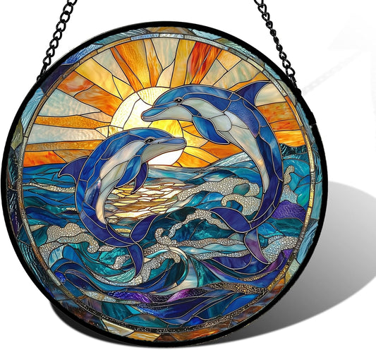 Stained Glass Window Hanging, Blue Dolphin Sun Catchers Colorful Glass Panel Sunrise Sea View Suncatcher Decor for Birthday for Women, Men, Wife, Aunt, and Mom 11.8x11.8 in