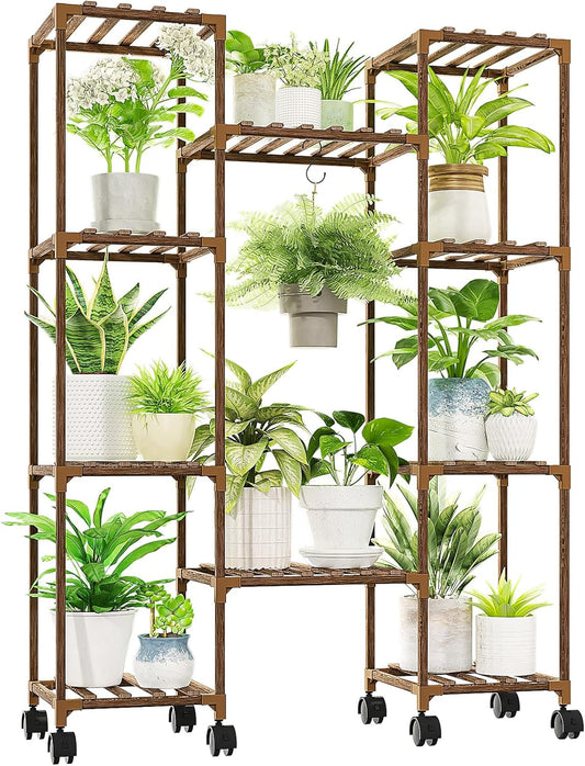 Plant Stand with Wheels Outdoor Indoor Hanging Plant Shelf for Multiple Plants Tall Large Holder for Living Room Patio Balcony Garden Corner Mobile