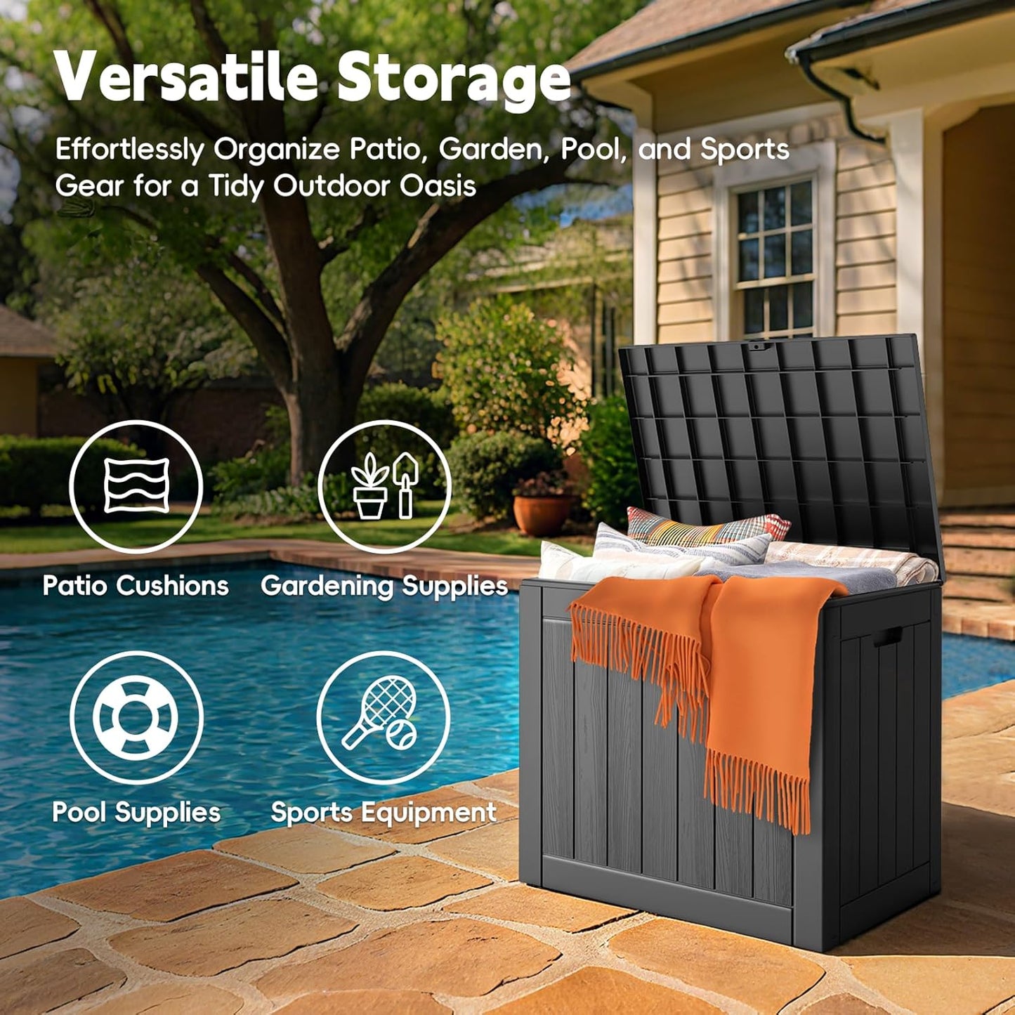 Outdoor Storage Box, 31 Gallon Waterproof Resin Deck Box, Storage Bin for Package Delivery, Patio Furniture Cushion, Garden Tools, Pool Accessories, Weatherproof and UV Resistant, Black
