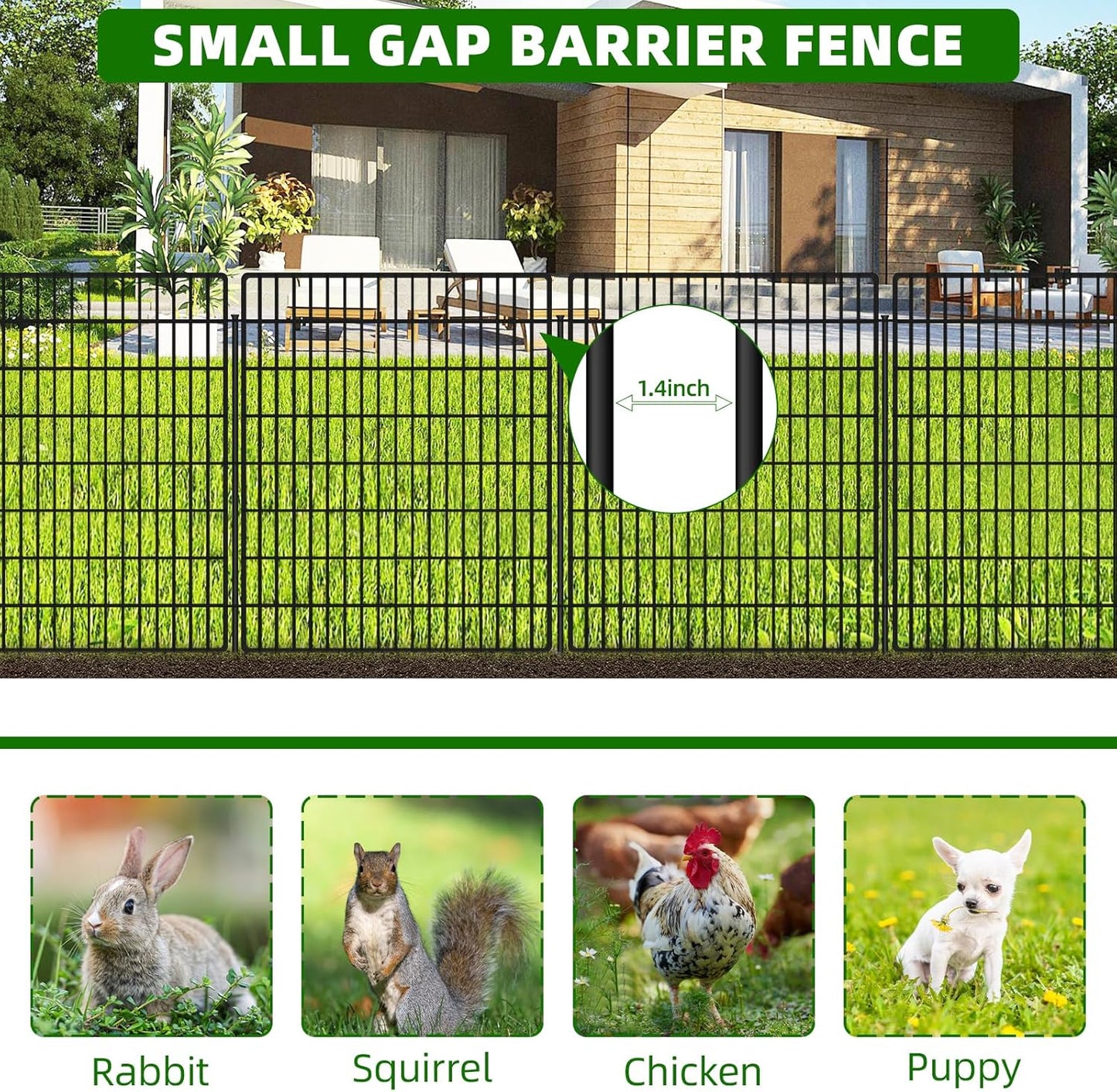 5 Panels Dog Fence Outdoor for Yard, 33 in(H) X 12 ft(L) Decorative Garden Fence Rustproof No Dig Animal Barrier Fencing Metal Wire Panel Border Patio Rabbits Ground Stakes Fencing