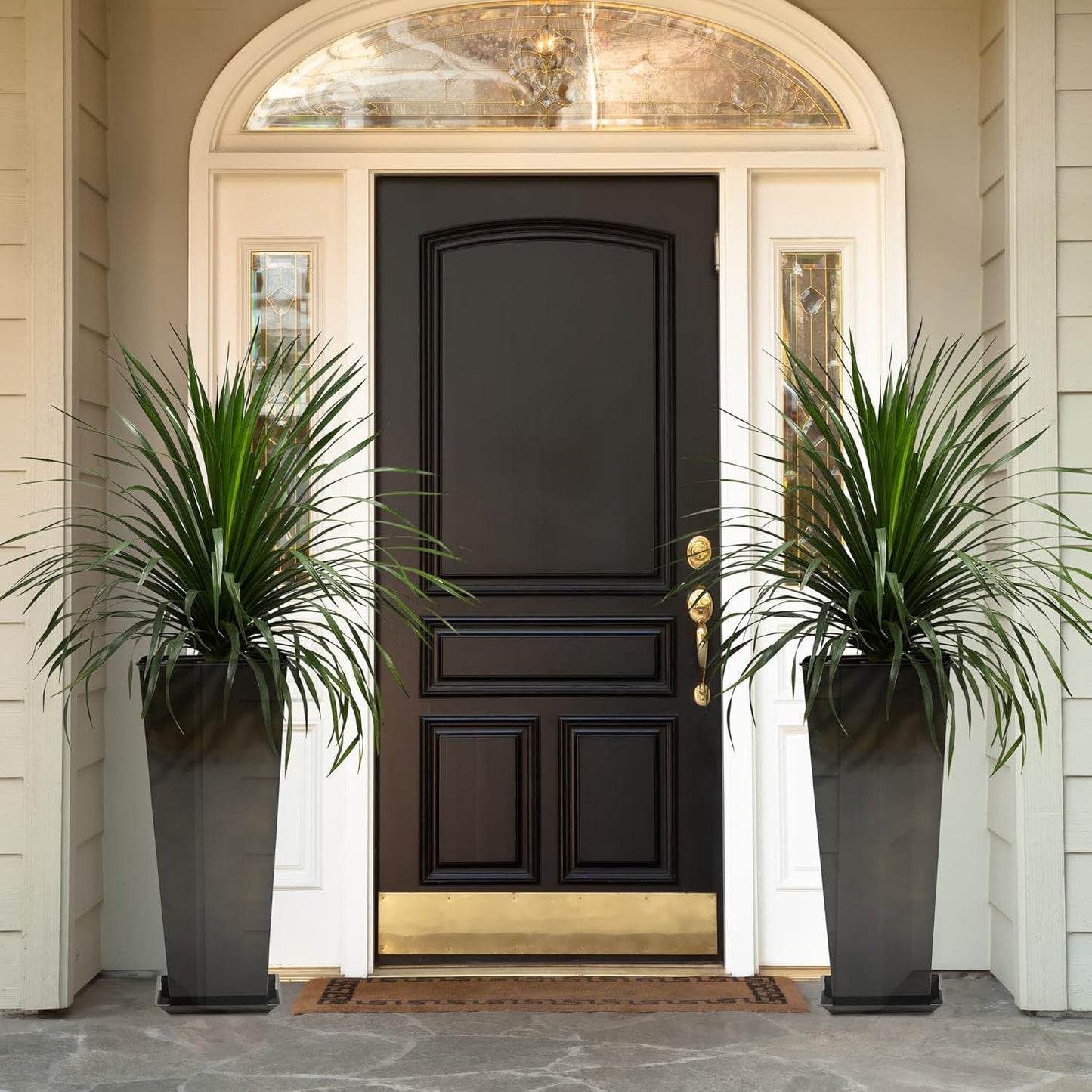 KOL 28''H. Tall Galvanized Steel Glazed Planter with Insert, Set of 2, Planter Pots for Indoor & Outdoor Use, Decorative Flower Plant Pots with Drainage Hole for Front Porch, Patio, Deck - Black