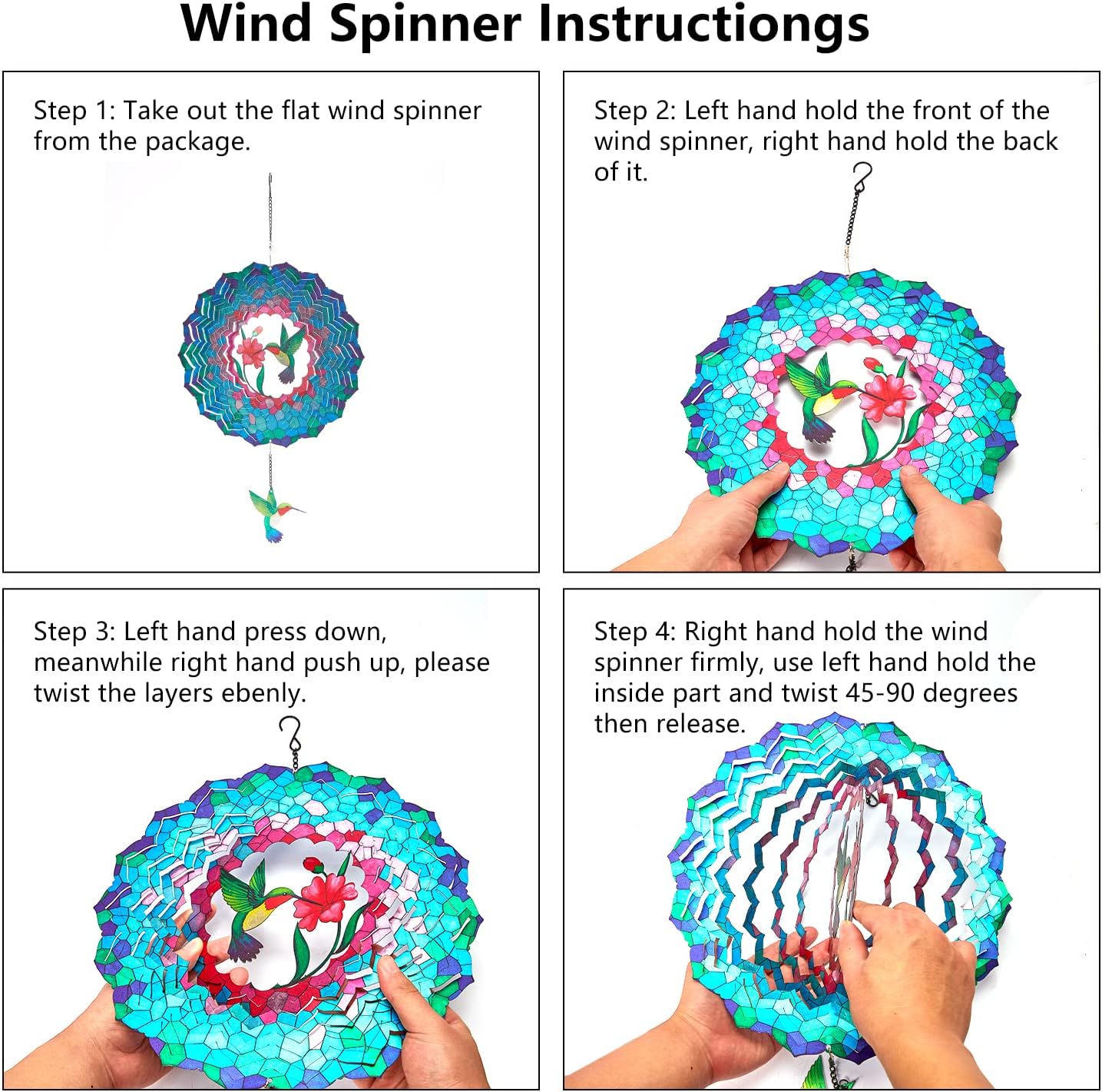 Wind Spinners Hanging, 12 Inches 3D Kinetic Hummingbird Wind Spinner for Yard and Garden Decor Stainless Steel Indoor Outdoor Decor Laser Cut Art Garden Metal Wind Sculptures & Spinners Decorations