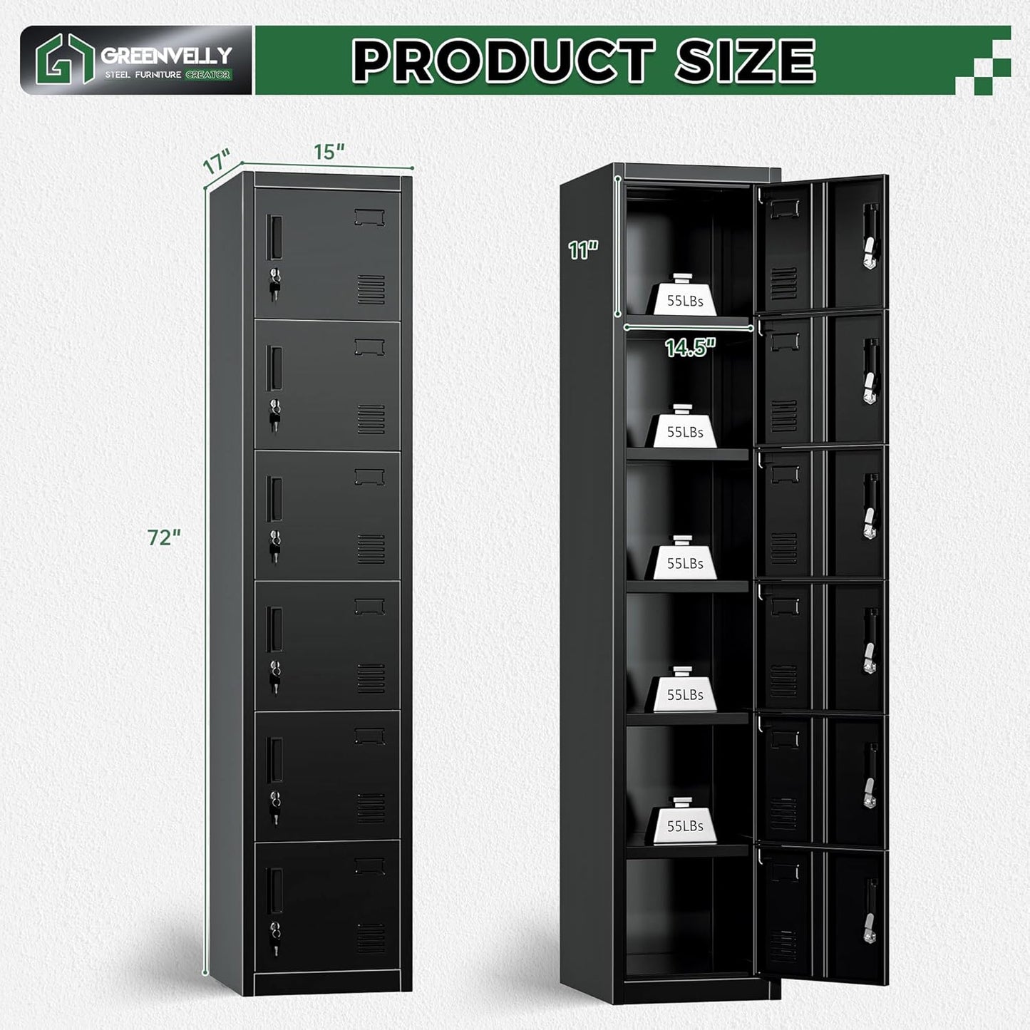 Greenvelly Metal Locker, 72" Metal Lockers for Employees with Locking Doors, Lockable Steel Locker Storage for Office, School, Gym, Home (Black)