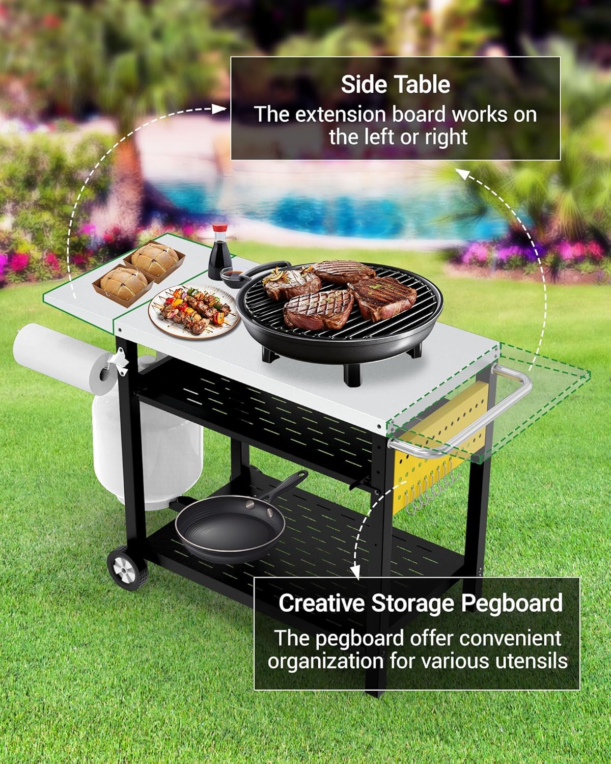 Outdoor Grill Cart with Pegboard, 3-Shelf Pizza Oven Table with Drawer, Stainless Steel Kitchen Dining Cart with Wheels, Food Prep Table Grill Stand for Outside BBQ Patio Backyard