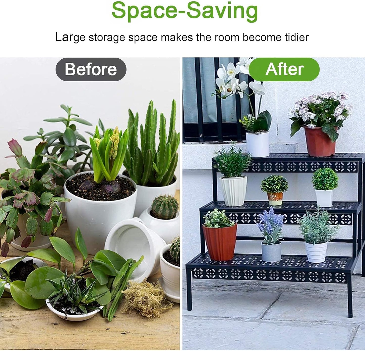 aboxoo 3 Tier Stair Style Large Metal Plant Stand, Garden Display Shelf Flower Pot Holder Storage Organizer Rack for Indoor Home Outdoor Patio Balcony Yard( Black, Rectangle)