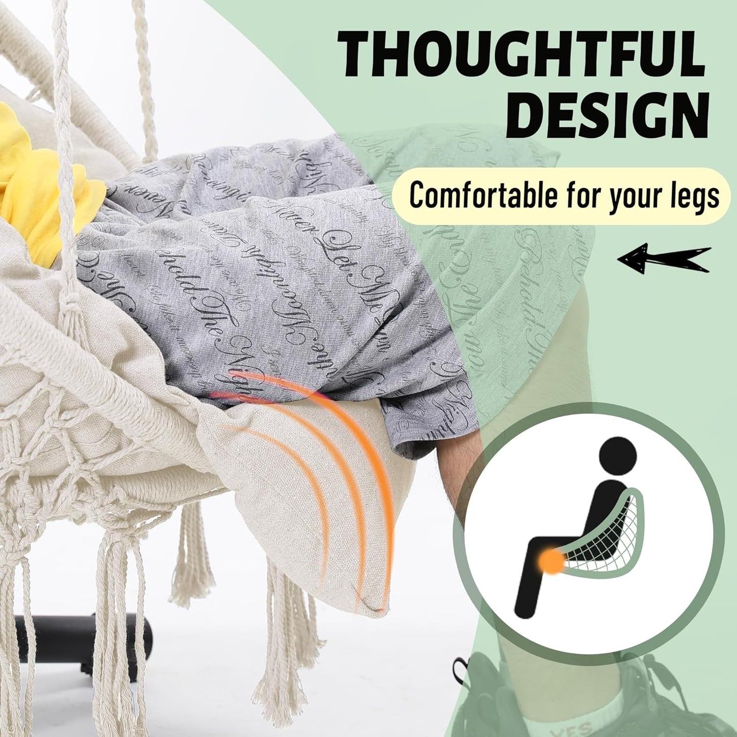 Macrame Hammock Hanging Swinging Chair with Oversized Cushion, Perfect for Bedroom, Porch, Kids, Adults, Balcony, Beige