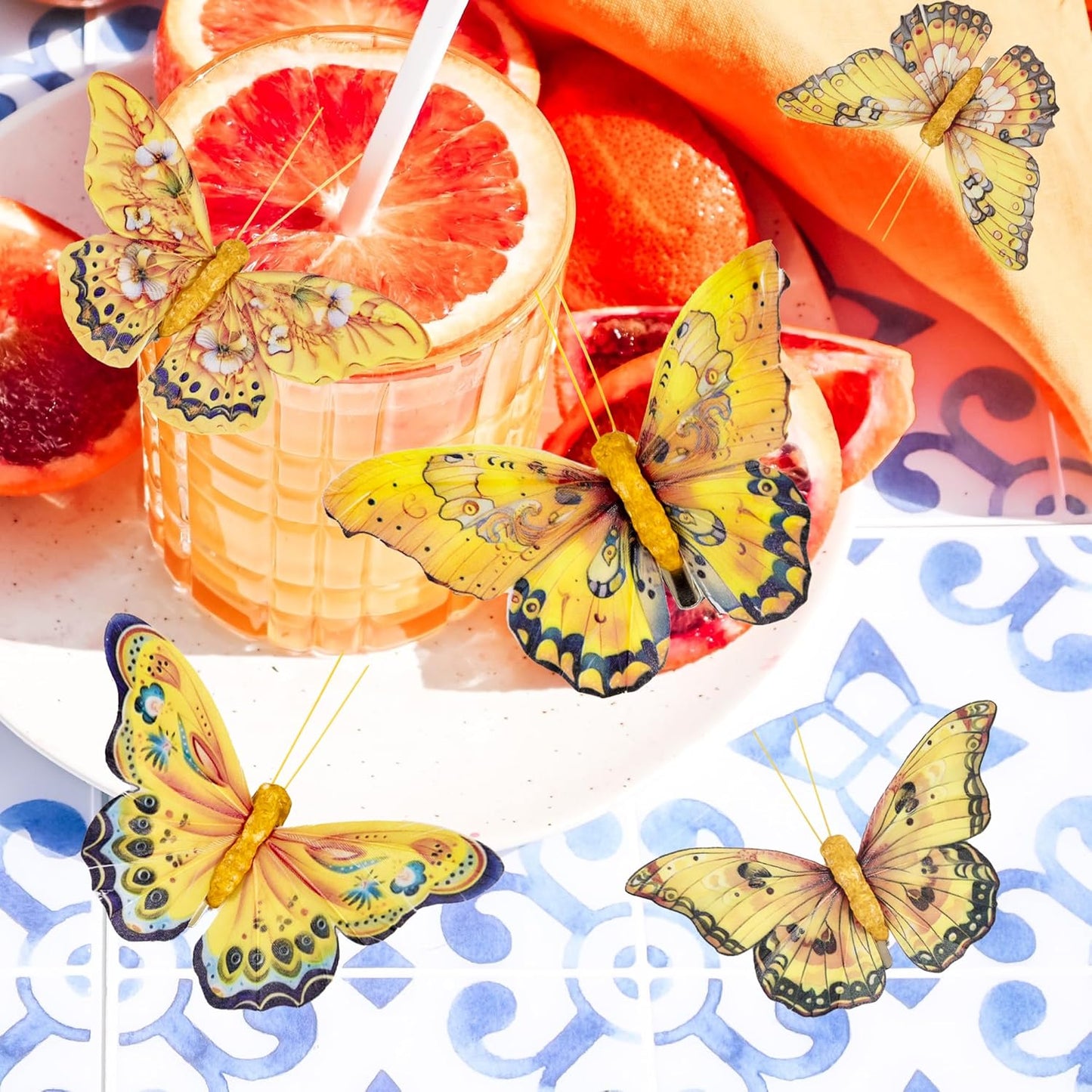 Berfutall-Artificial Feather 3D Butterfly Party Decorations Set of 12 with Clip 6 Color Yellow Series Ornaments for Home Decoration