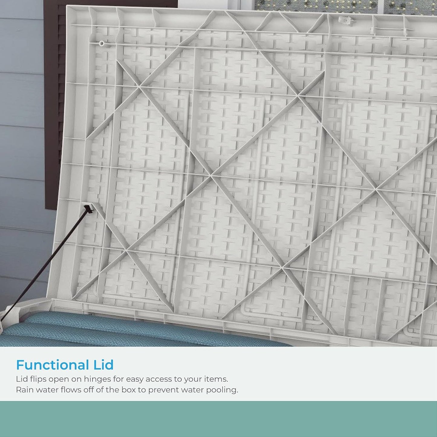 Suncast 99 Gallon Wicker Horizontal Outdoor Deck Box with Hinged Lid, Water-Resistant Storage Solution for Patio, Deck, Yard, and Garage, White, Made in the USA